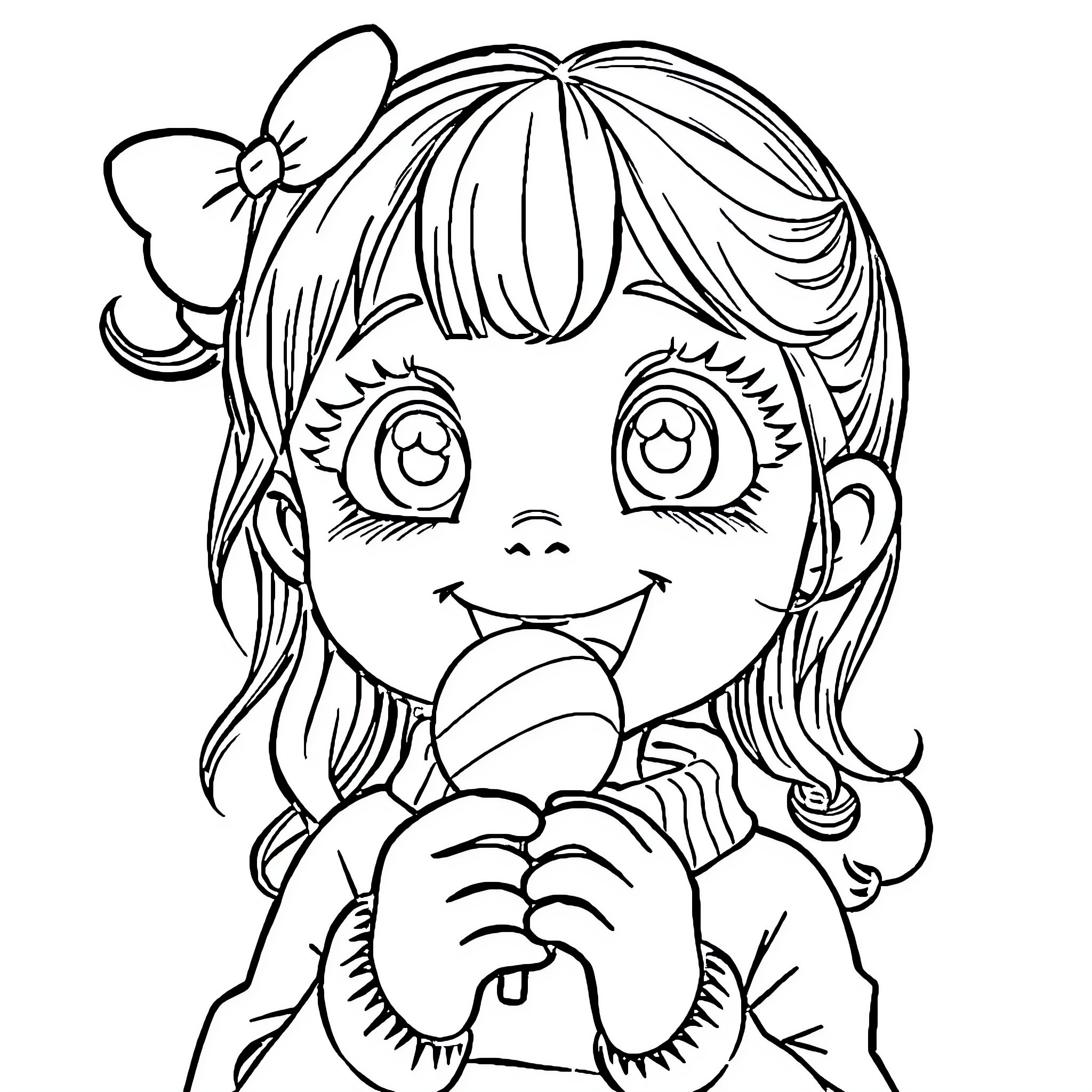 Bebe girl enjoying sweet treat Coloring Page (free black-and-white line drawing printable PDF for all, from beginners to advanced learners, including children, teens, adults, and seniors)