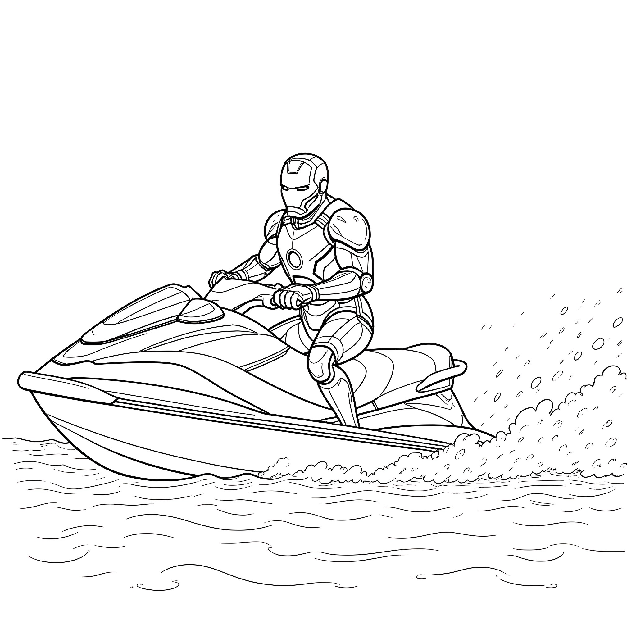 Ironman riding a jetski on the water Coloring Page (free black-and-white line drawing printable PDF for all, from beginners to advanced learners, including children, teens, adults, and seniors)