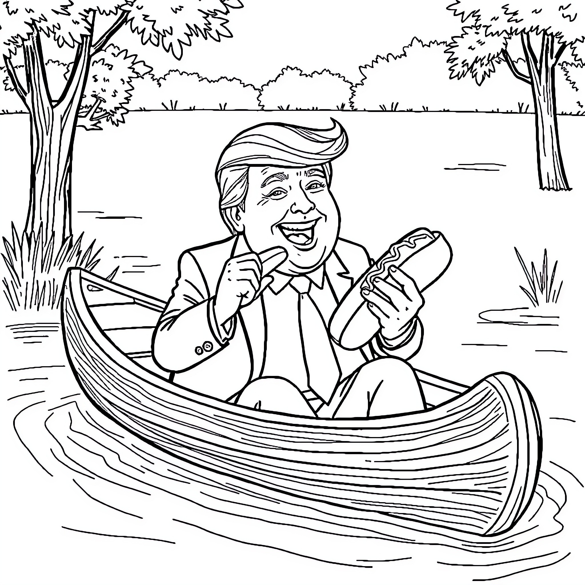 Trump Enjoying Fishing Outdoors in Nature Coloring Page (free black-and-white line drawing printable PDF for all, from beginners to advanced learners, including children, teens, adults, and seniors)