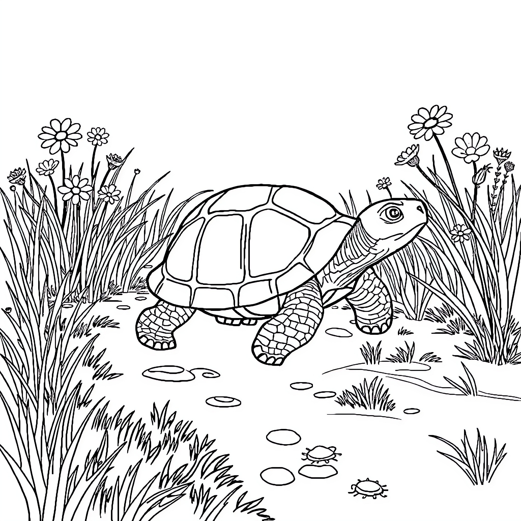 Tortoise Strolling in Lush Garden Coloring Page (free black-and-white line drawing printable PDF for all, from beginners to advanced learners, including children, teens, adults, and seniors)