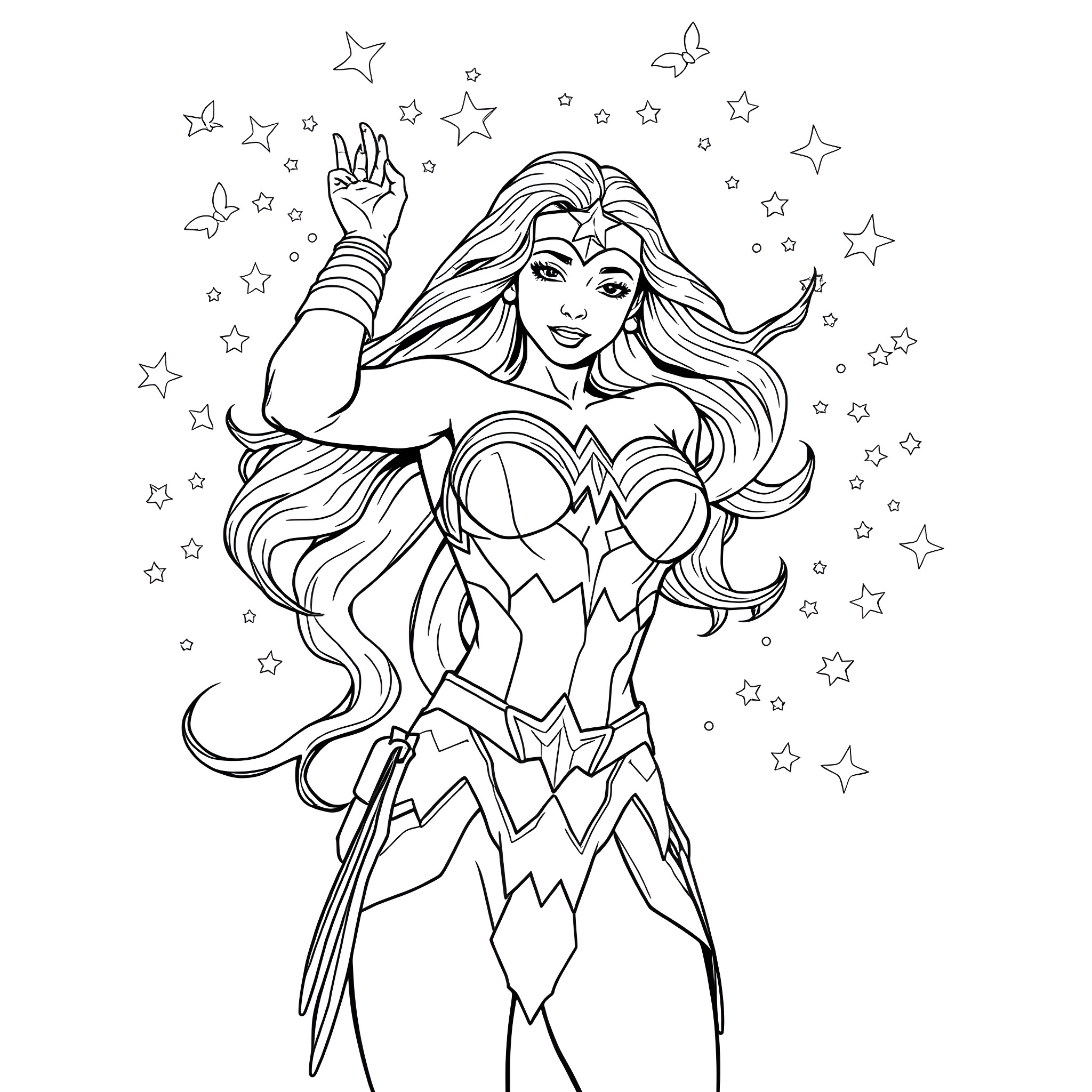 Wonder Woman Summoning Cosmic Power Coloring Page (free black-and-white line drawing printable PDF for all, from beginners to advanced learners, including children, teens, adults, and seniors)
