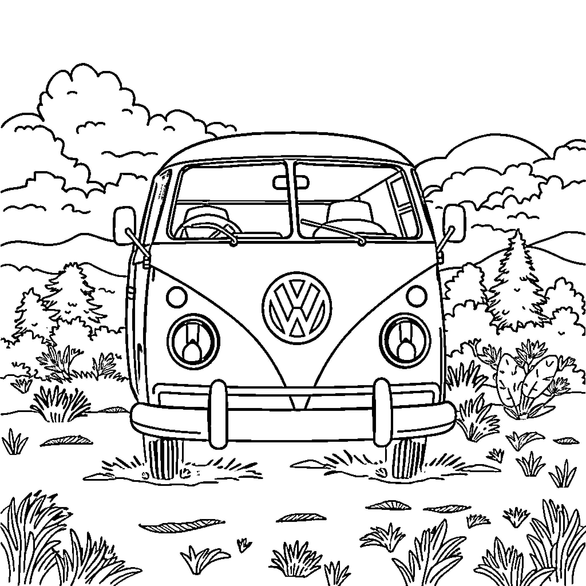 VW Bus parked in nature's serenity Coloring Page (free black-and-white line drawing printable PDF for all, from beginners to advanced learners, including children, teens, adults, and seniors)