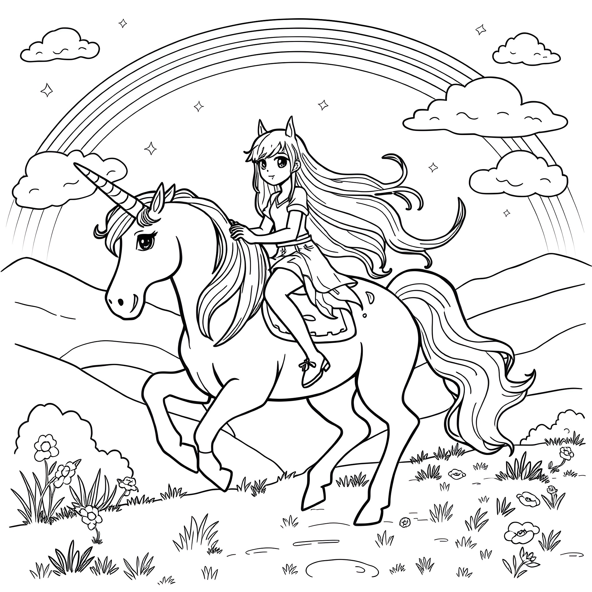 Unicorn and girl enjoying a magical adventure in nature Coloring Page (free black-and-white line drawing printable PDF for all, from beginners to advanced learners, including children, teens, adults, and seniors)