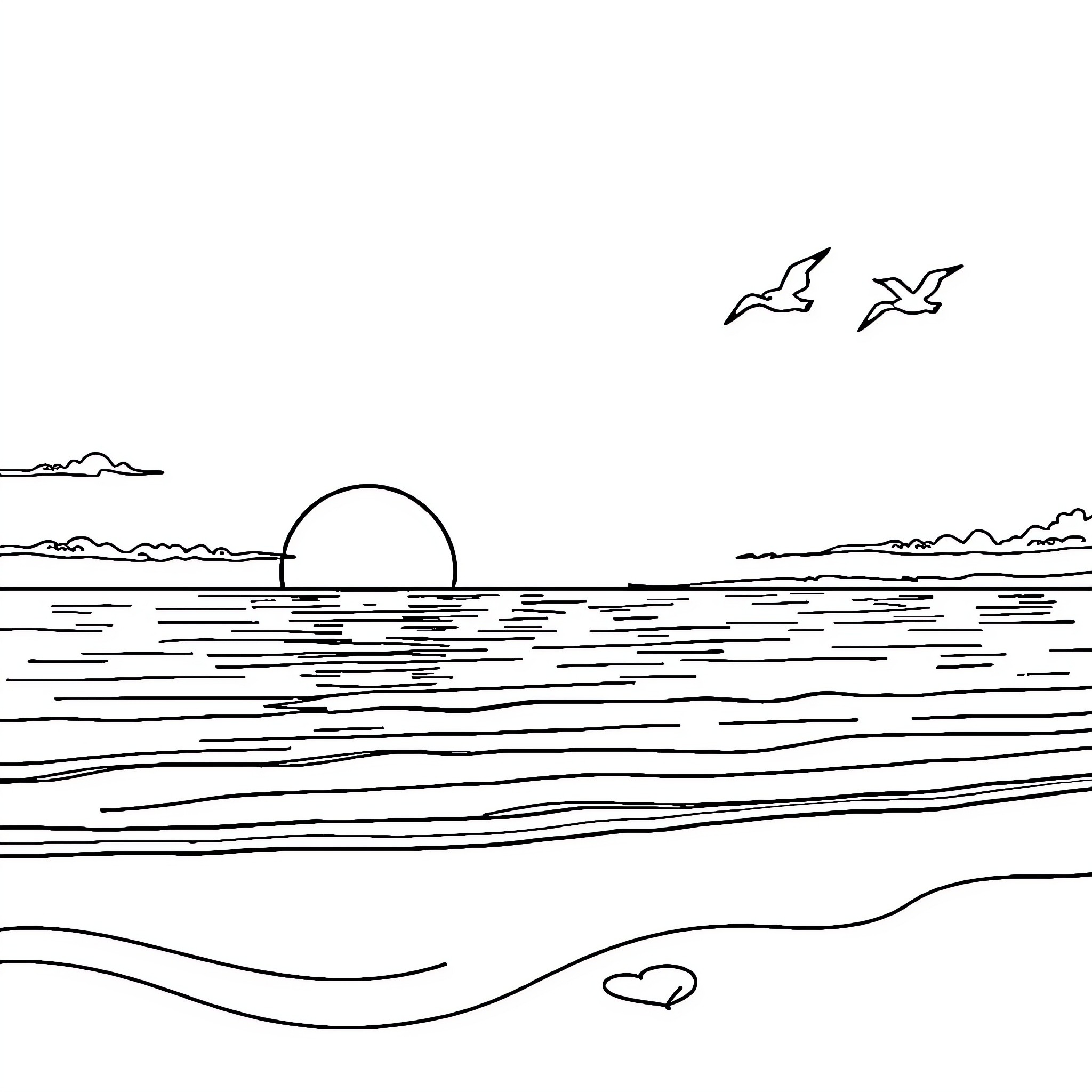 Sunset silhouette seascape with birds Coloring Page (free black-and-white line drawing printable PDF for all, from beginners to advanced learners, including children, teens, adults, and seniors)
