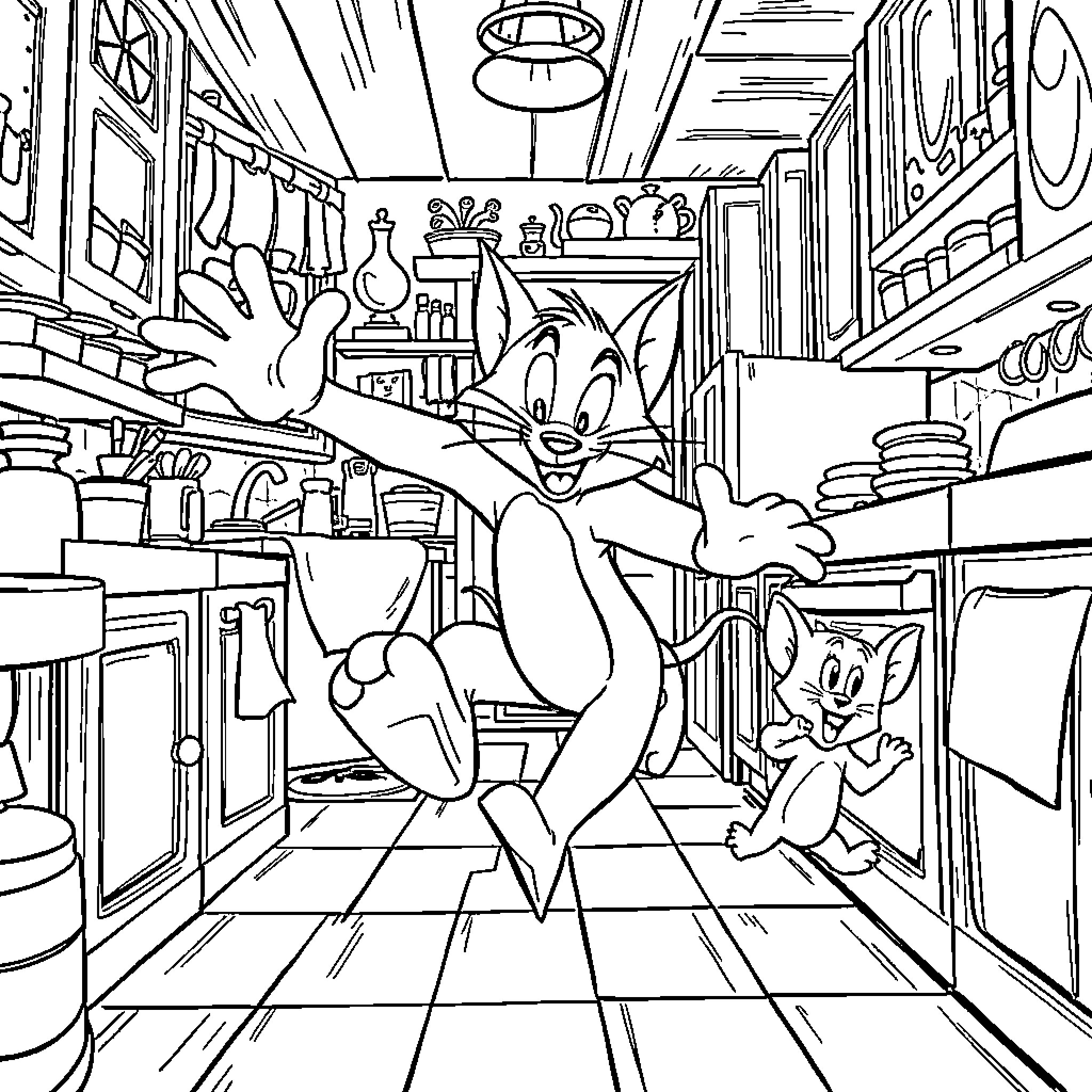 Tom and Jerry's Chaotic Kitchen Antics Coloring Page (free black-and-white line drawing printable PDF for all, from beginners to advanced learners, including children, teens, adults, and seniors)