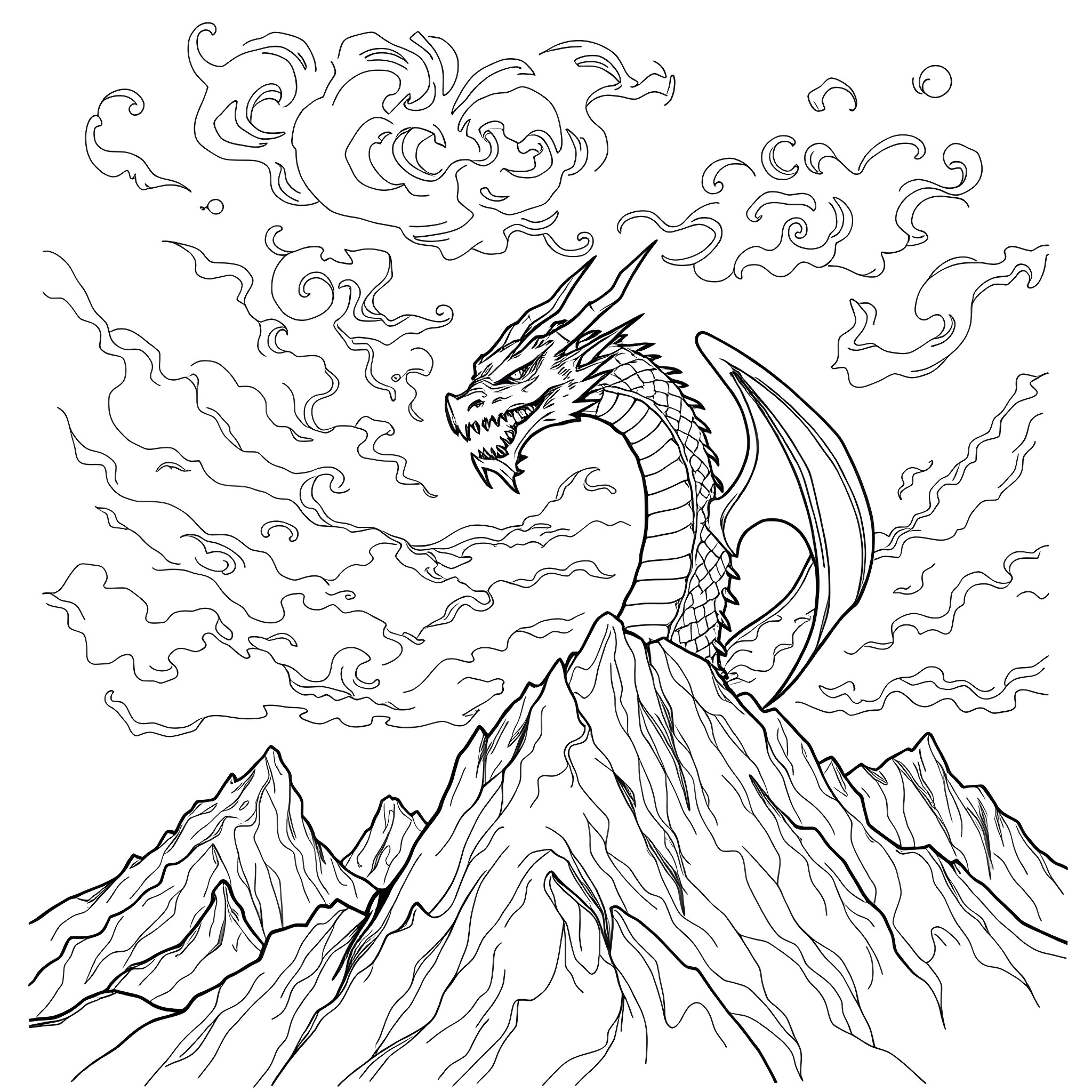 Dragon soaring over majestic mountain peaks Coloring Page (free black-and-white line drawing printable PDF for all, from beginners to advanced learners, including children, teens, adults, and seniors)