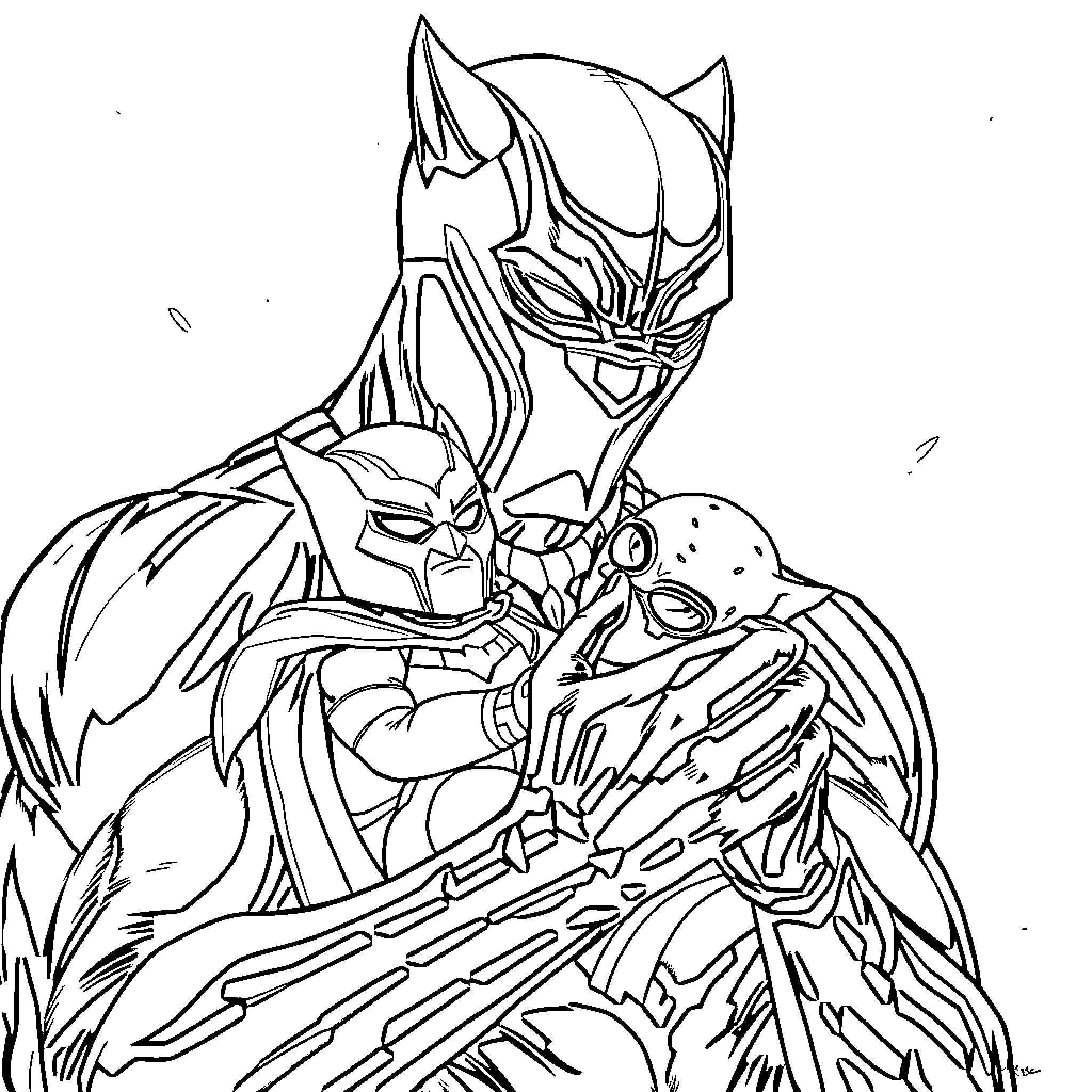 Black Panther heroically fights villainous foe Coloring Page (free black-and-white line drawing printable PDF for all, from beginners to advanced learners, including children, teens, adults, and seniors)