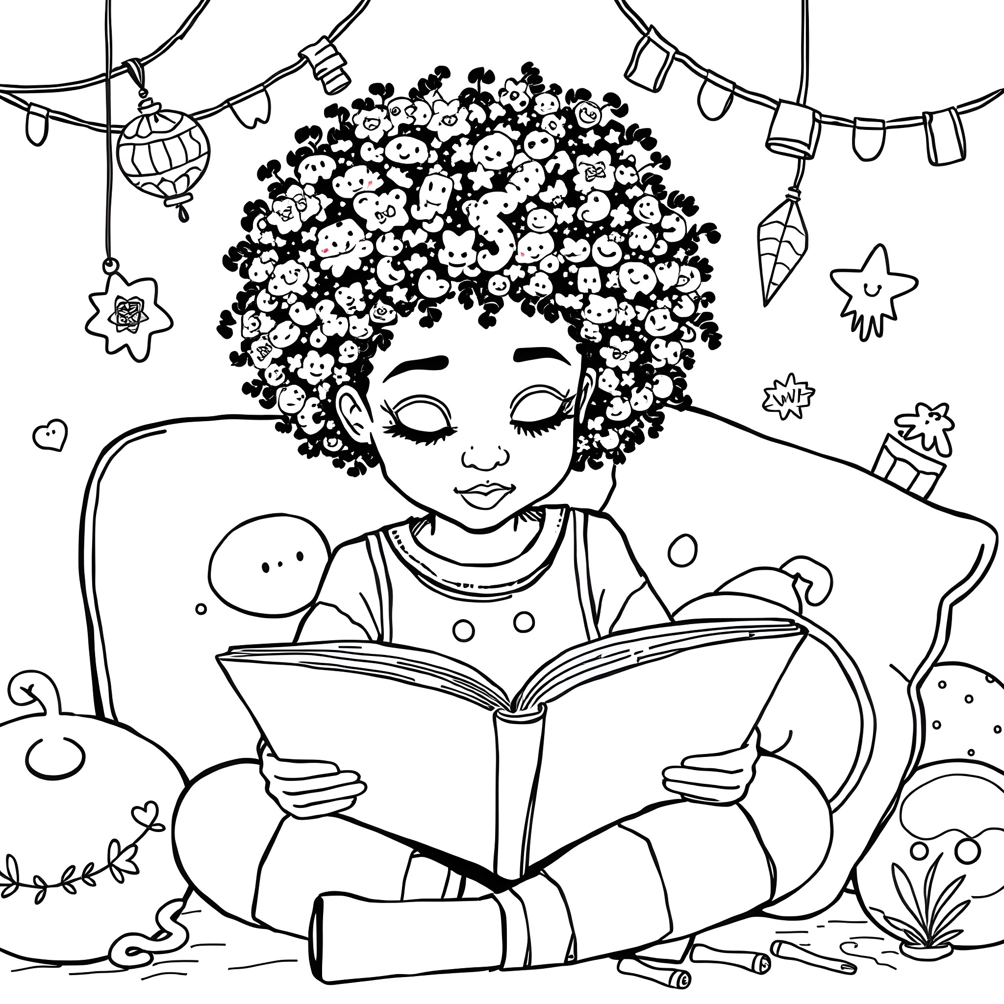 Girl reading a book with ornaments Coloring Page (free black-and-white line drawing printable PDF for all, from beginners to advanced learners, including children, teens, adults, and seniors)
