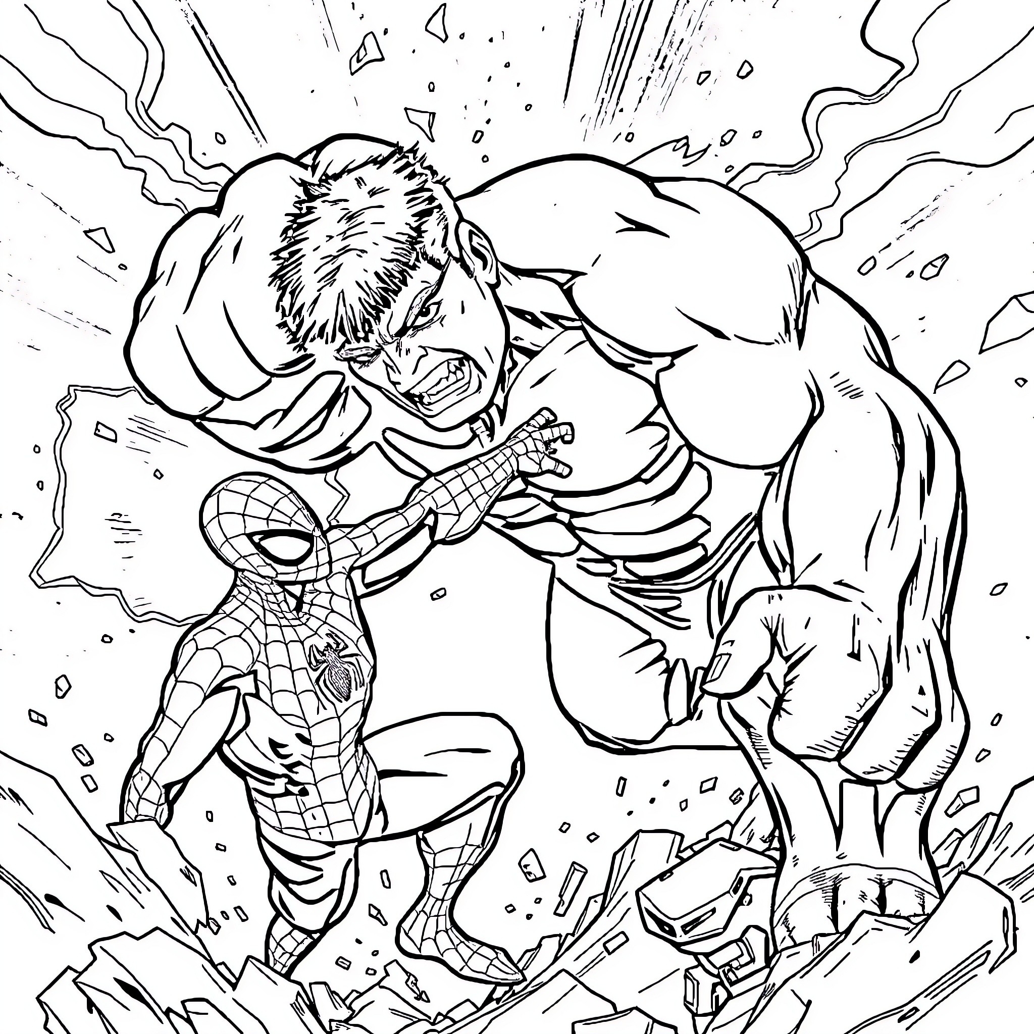 Hulk grappling with Spider-Man in an intense clash Coloring Page (free black-and-white line drawing printable PDF for all, from beginners to advanced learners, including children, teens, adults, and seniors)