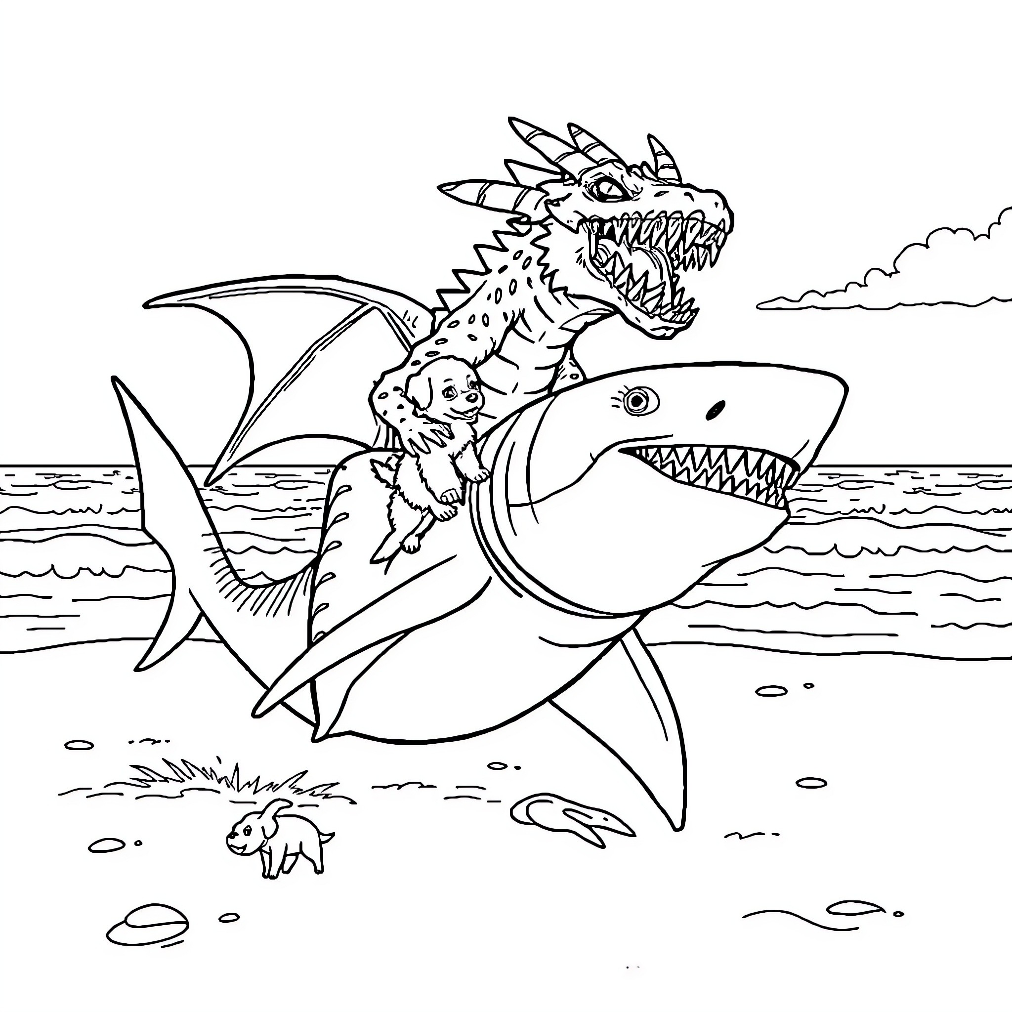 Demogorgon riding a ferocious shark in the sea Coloring Page (free black-and-white line drawing printable PDF for all, from beginners to advanced learners, including children, teens, adults, and seniors)