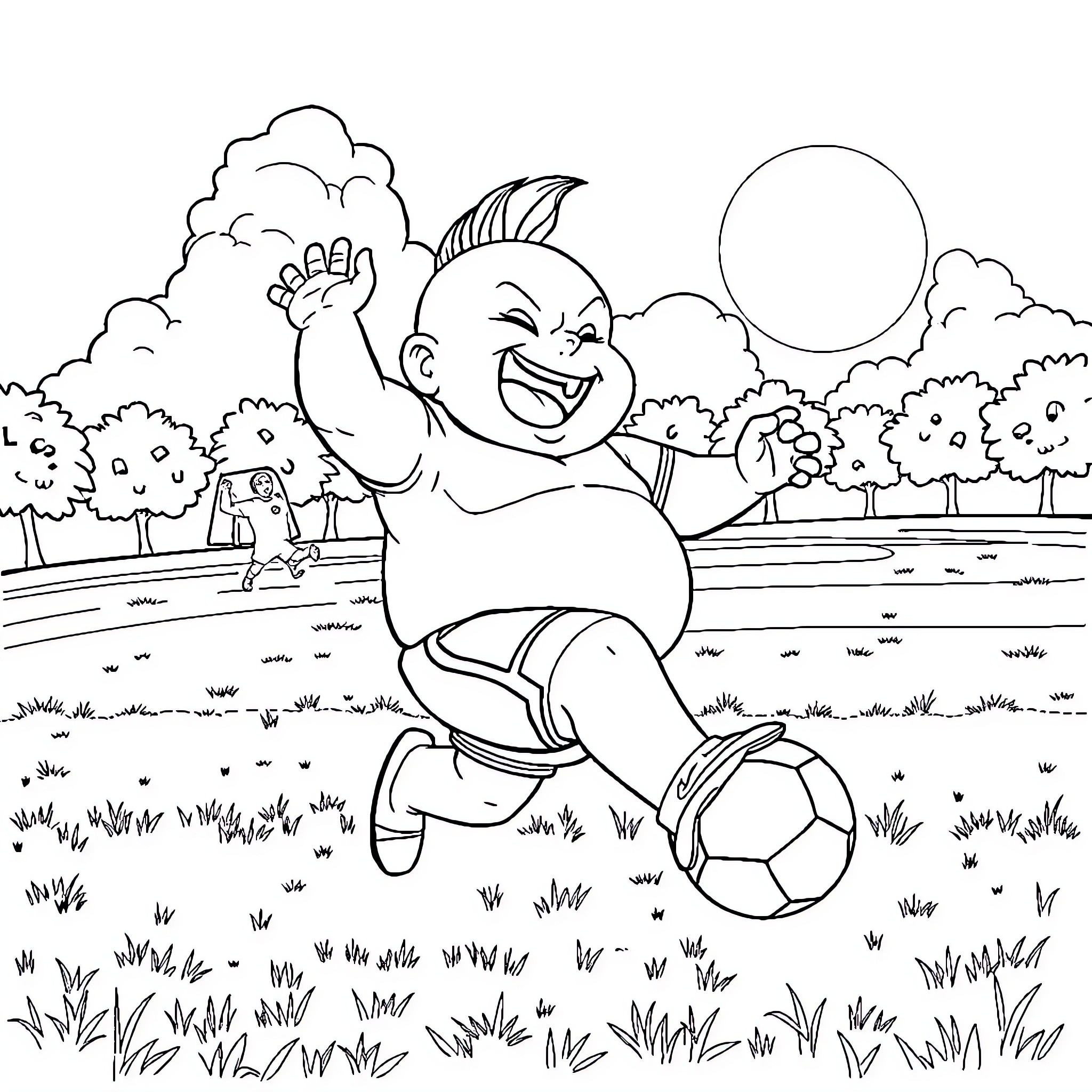 Majin Buu playing happily with a soccer ball outdoors Coloring Page (free black-and-white line drawing printable PDF for all, from beginners to advanced learners, including children, teens, adults, and seniors)