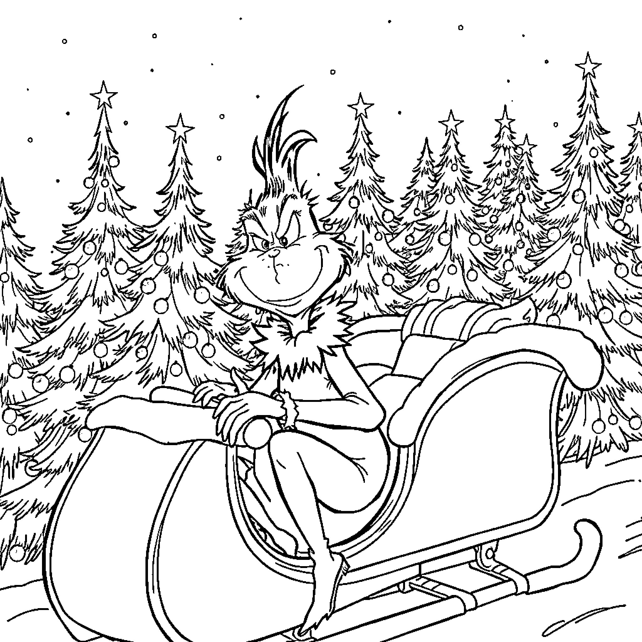 Grinch's Mischievous Sleigh Ride Through Snowy Forest Coloring Page (free black-and-white line drawing printable PDF for all, from beginners to advanced learners, including children, teens, adults, and seniors)