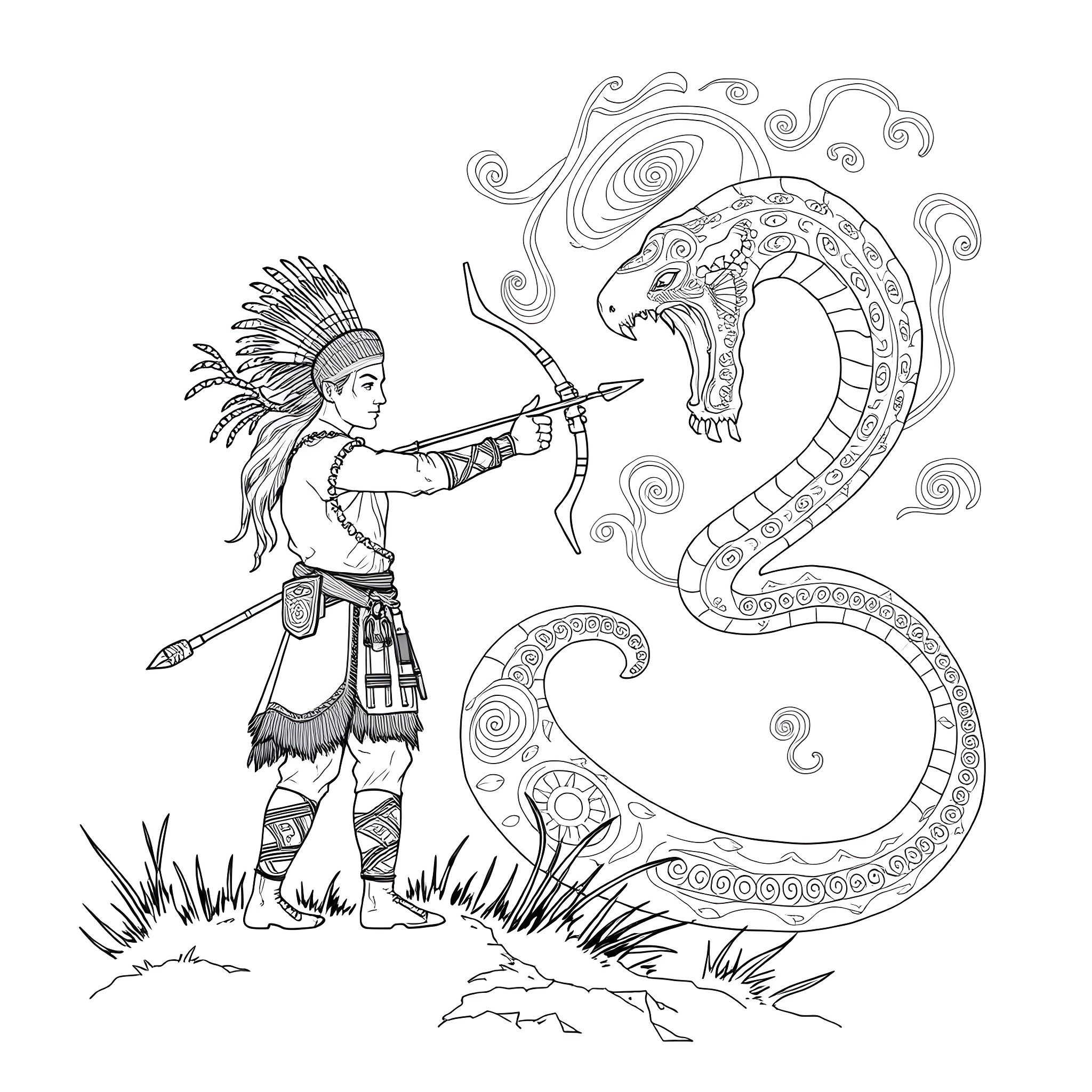 Hunter battling a mystical serpent with bow and arrow Coloring Page (free black-and-white line drawing printable PDF for all, from beginners to advanced learners, including children, teens, adults, and seniors)