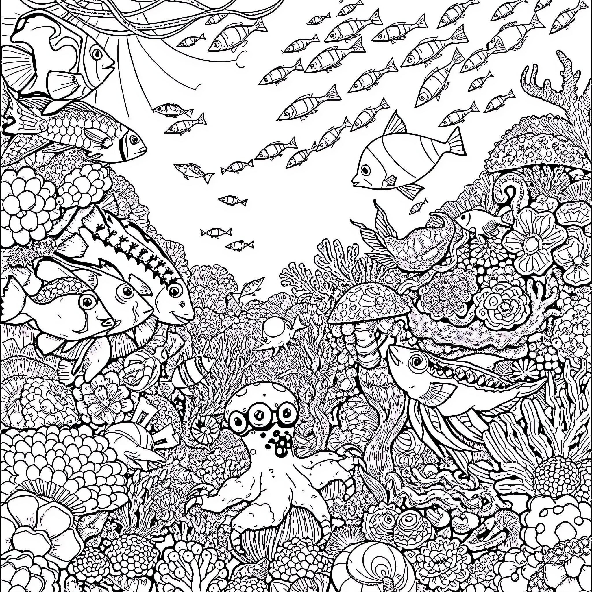 Sea Life Underwater Sanctuary Coloring Page (free black-and-white line drawing printable PDF for all, from beginners to advanced learners, including children, teens, adults, and seniors)