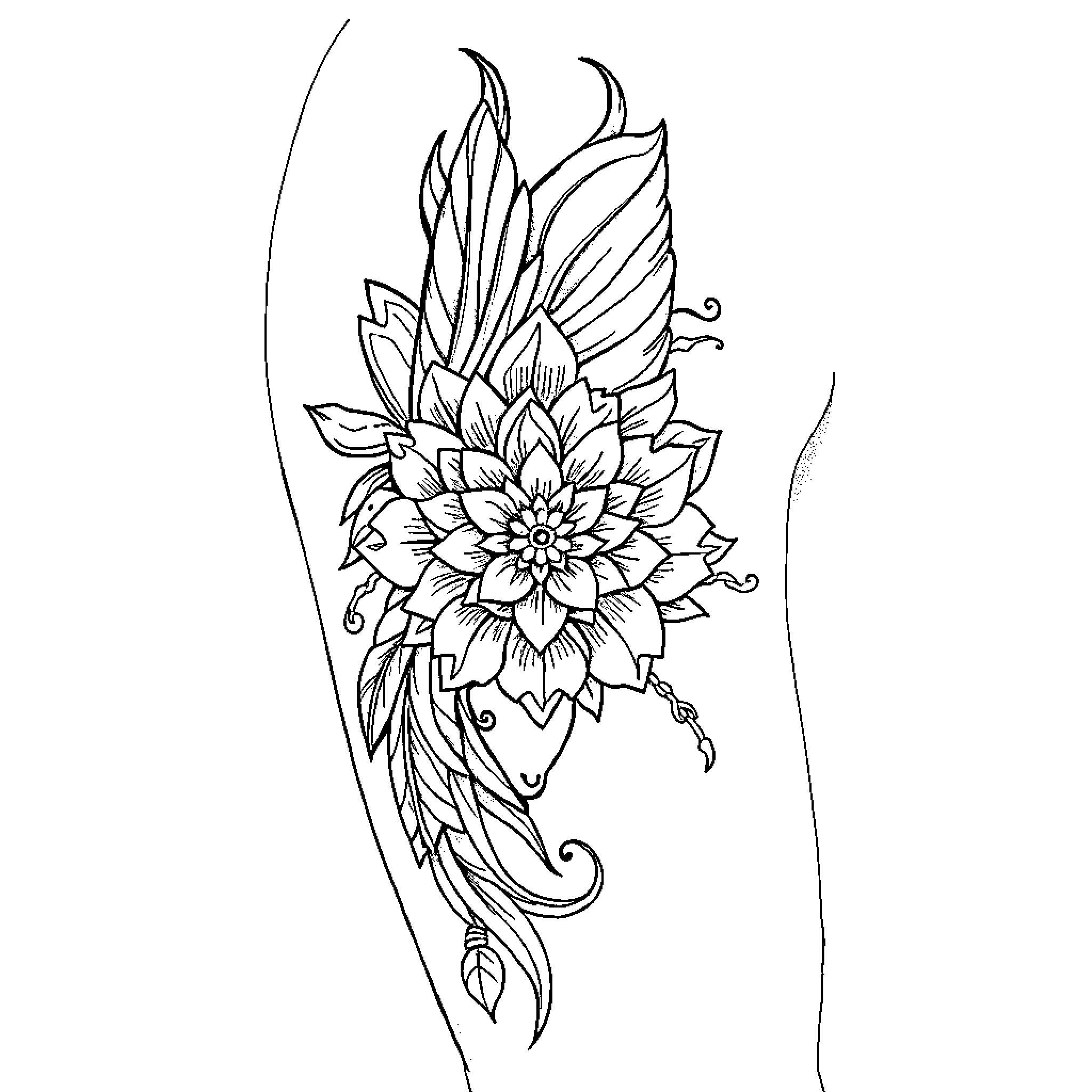 Tattoo depicting ornate floral design with feathers Coloring Page (free black-and-white line drawing printable PDF for all, from beginners to advanced learners, including children, teens, adults, and seniors)