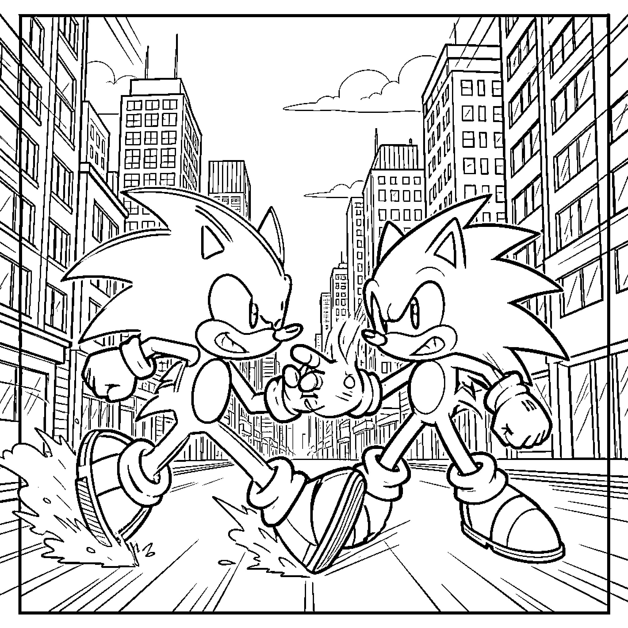 Helldog Hedgehogs Race Through the City Coloring Page (free black-and-white line drawing printable PDF for all, from beginners to advanced learners, including children, teens, adults, and seniors)
