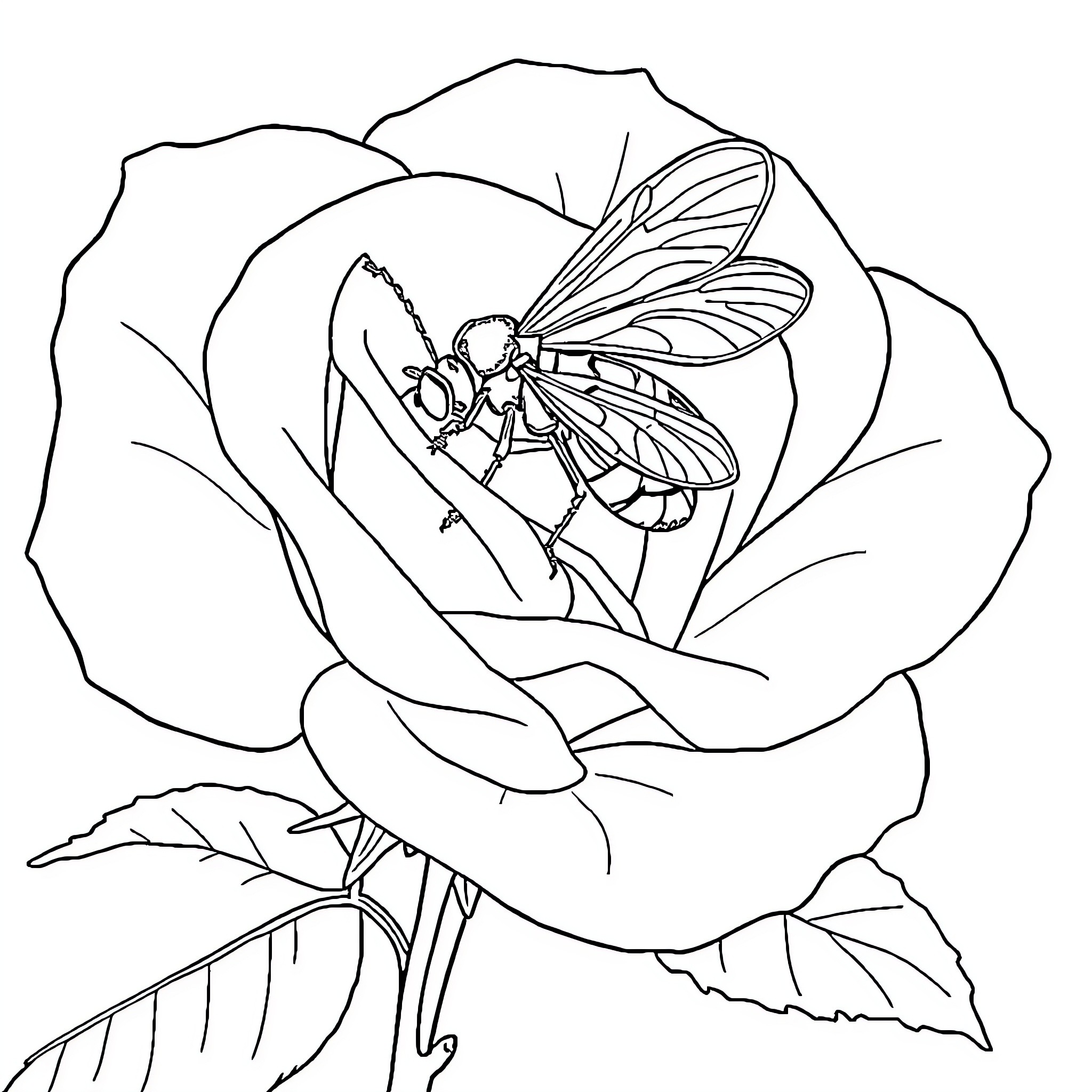 Weevil exploring a detailed rose bloom Coloring Page (free black-and-white line drawing printable PDF for all, from beginners to advanced learners, including children, teens, adults, and seniors)