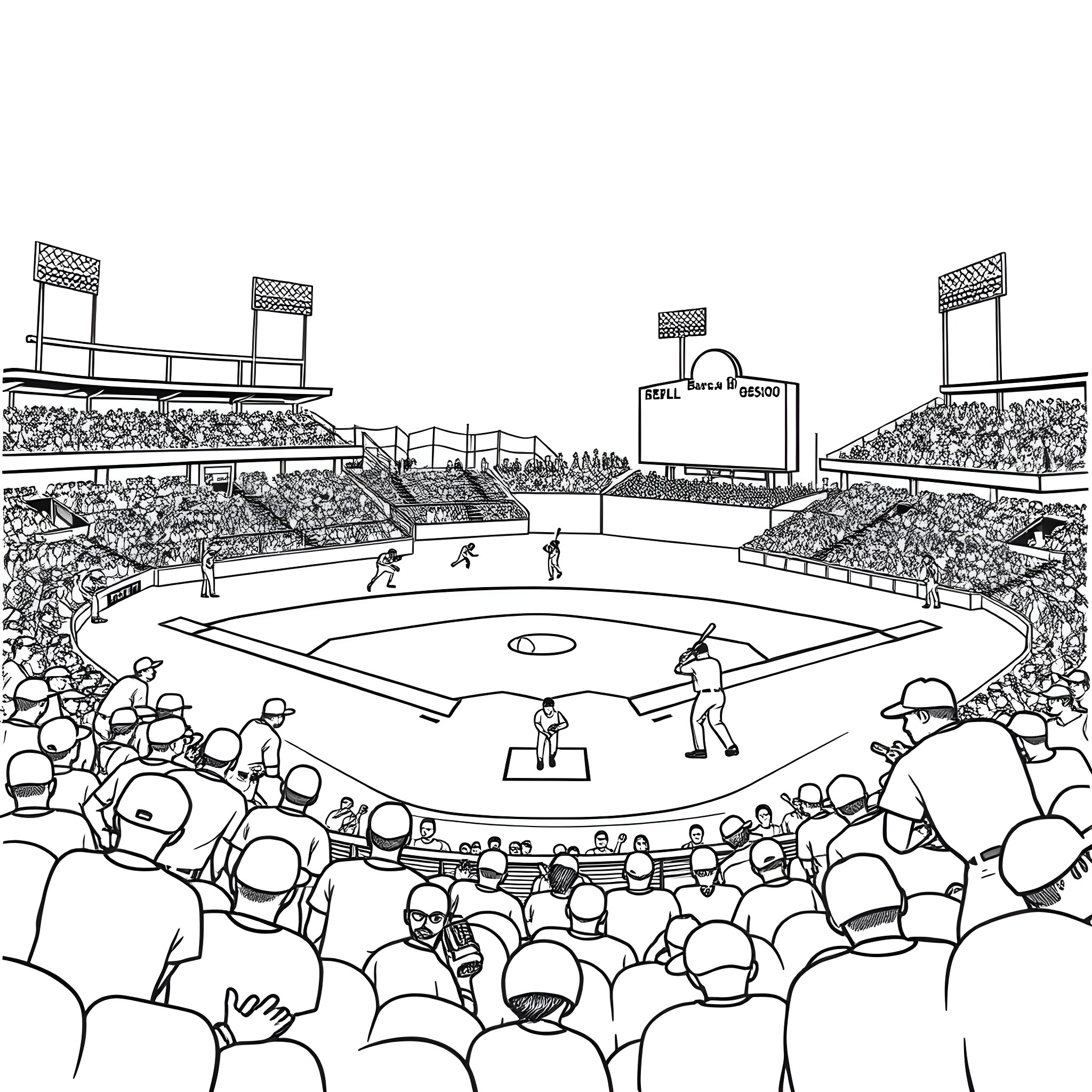 Baseball Players on the Field with Cheering Crowd Coloring Page (free black-and-white line drawing printable PDF for all, from beginners to advanced learners, including children, teens, adults, and seniors)