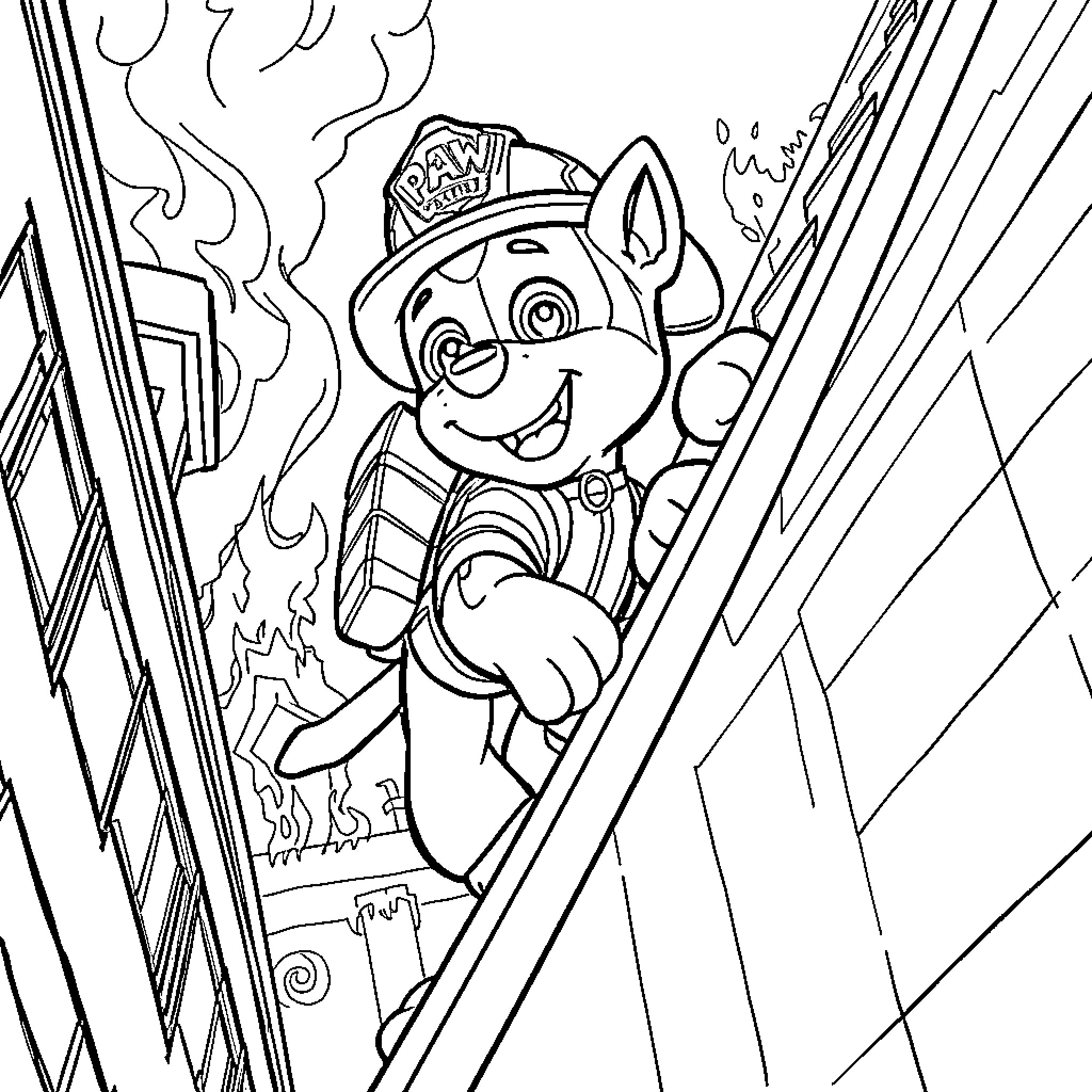 Marshall the Paw Patrol Pup in Action Coloring Page (free black-and-white line drawing printable PDF for all, from beginners to advanced learners, including children, teens, adults, and seniors)