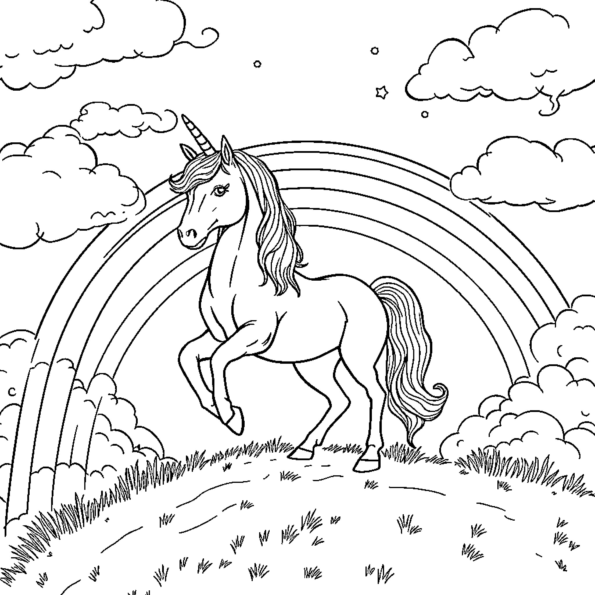 Unicorn galloping through a magical landscape Coloring Page (free black-and-white line drawing printable PDF for all, from beginners to advanced learners, including children, teens, adults, and seniors)