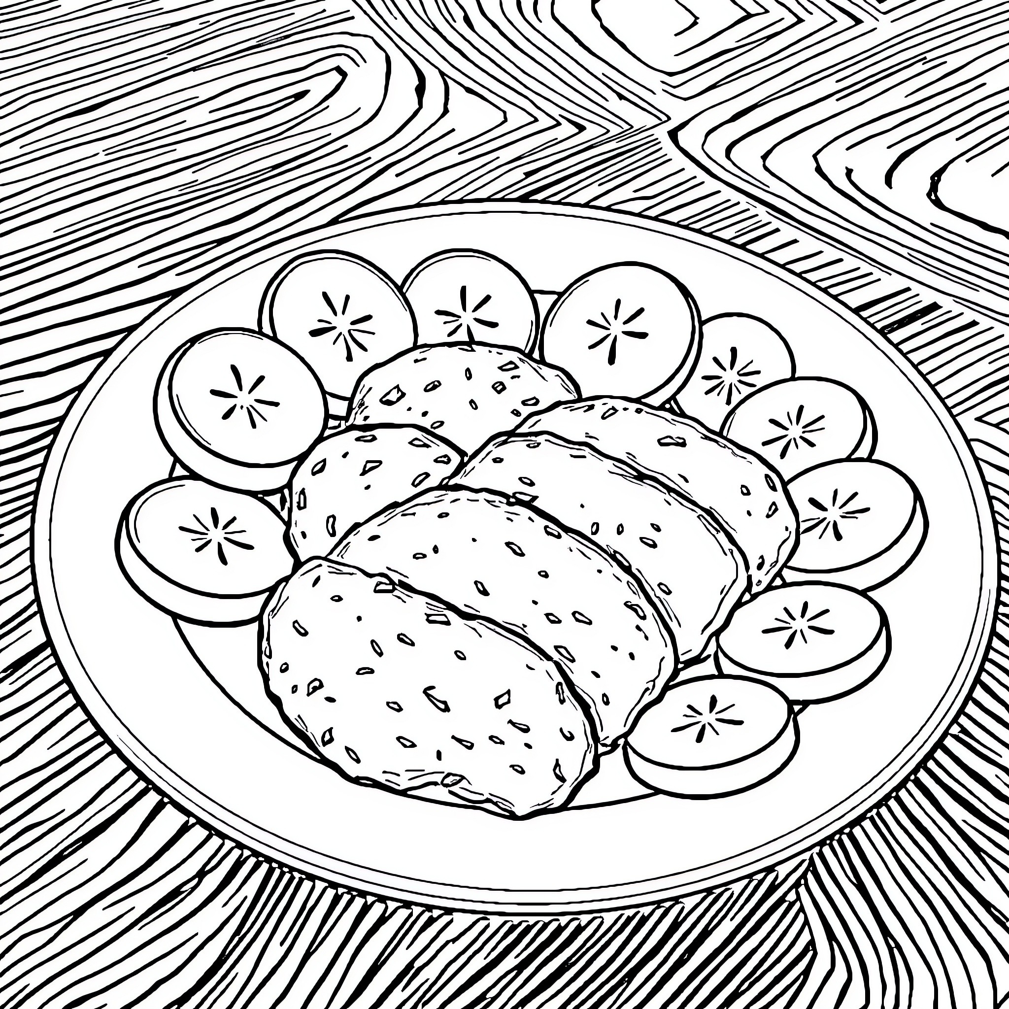 Chicken Dish with Sliced Produce on Plate Coloring Page (free black-and-white line drawing printable PDF for all, from beginners to advanced learners, including children, teens, adults, and seniors)