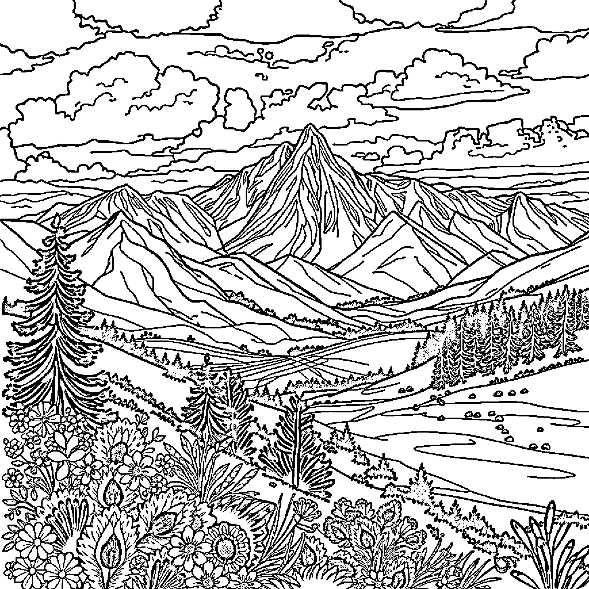 Turner's Mountainous Landscape with Flourishing Vegetation Coloring Page (free black-and-white line drawing printable PDF for all, from beginners to advanced learners, including children, teens, adults, and seniors)