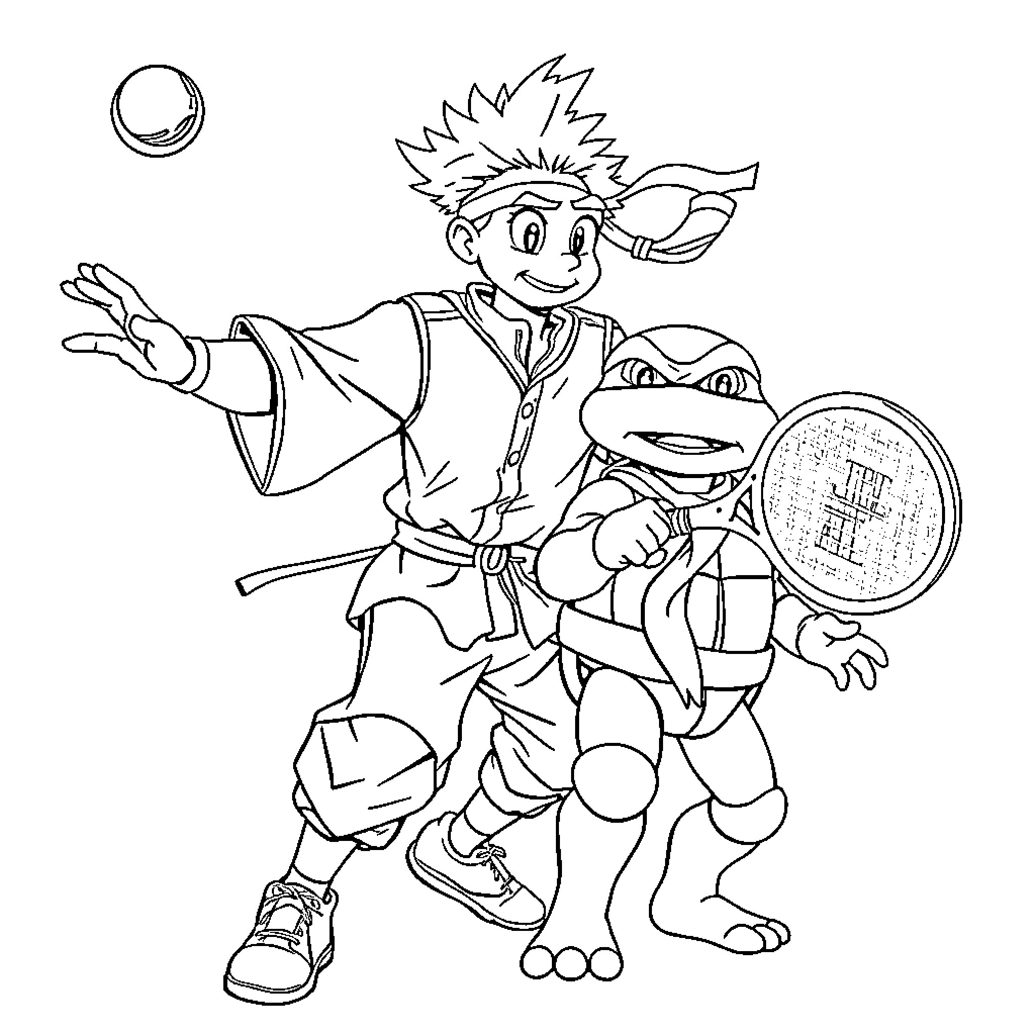 Sprinter with excited companion exploring adventure Coloring Page (free black-and-white line drawing printable PDF for all, from beginners to advanced learners, including children, teens, adults, and seniors)