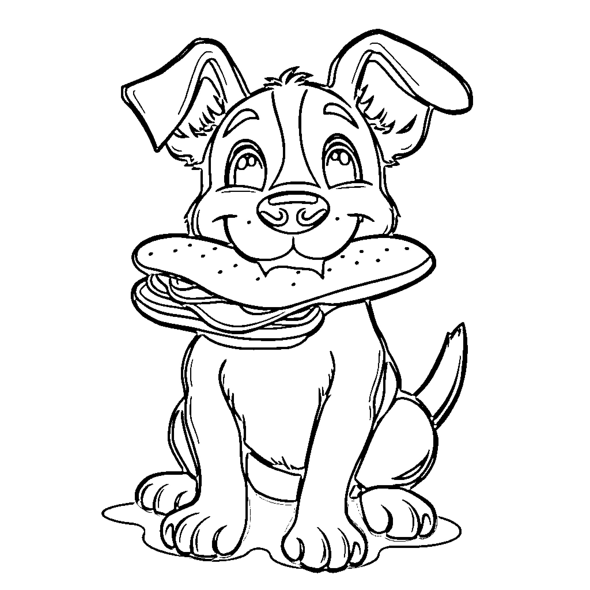 Dog Happily Holding a Sandwich Coloring Page (free black-and-white line drawing printable PDF for all, from beginners to advanced learners, including children, teens, adults, and seniors)