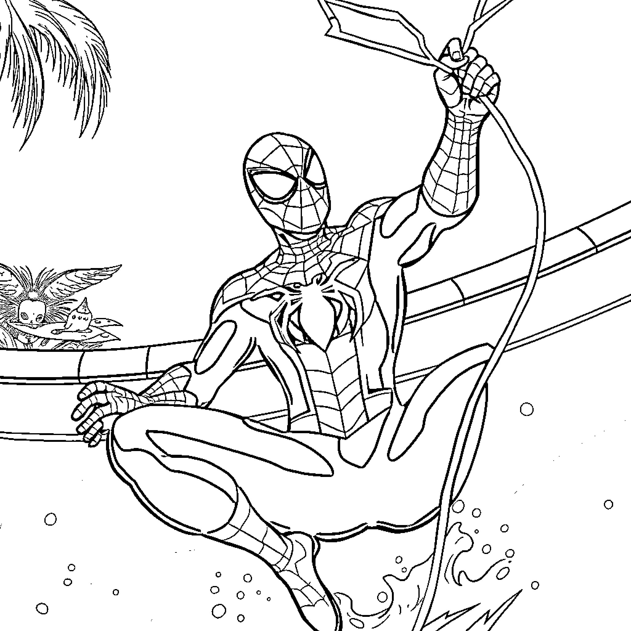 Spiderman swinging heroically through the city Coloring Page (free black-and-white line drawing printable PDF for all, from beginners to advanced learners, including children, teens, adults, and seniors)