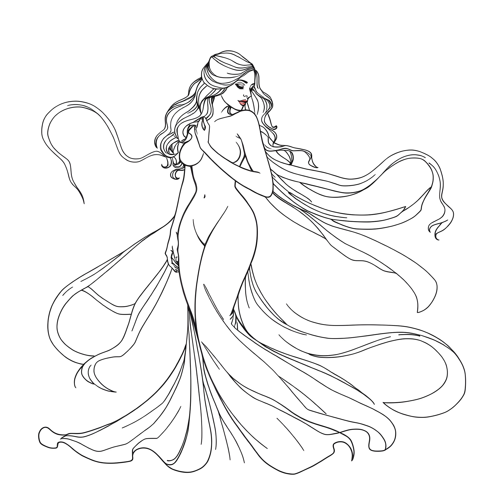 Woman in a flowing gown with long wavy hair Coloring Page (free black-and-white line drawing printable PDF for all, from beginners to advanced learners, including children, teens, adults, and seniors)