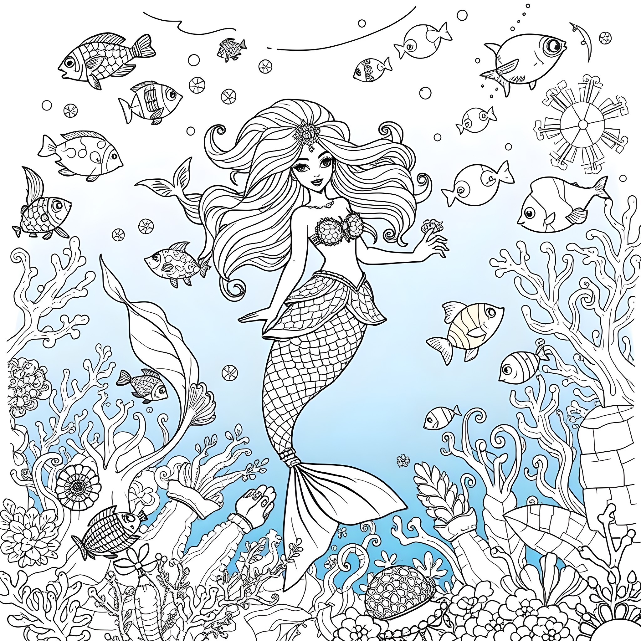 Mermaid enjoying the underwater world Coloring Page (free black-and-white line drawing printable PDF for all, from beginners to advanced learners, including children, teens, adults, and seniors)