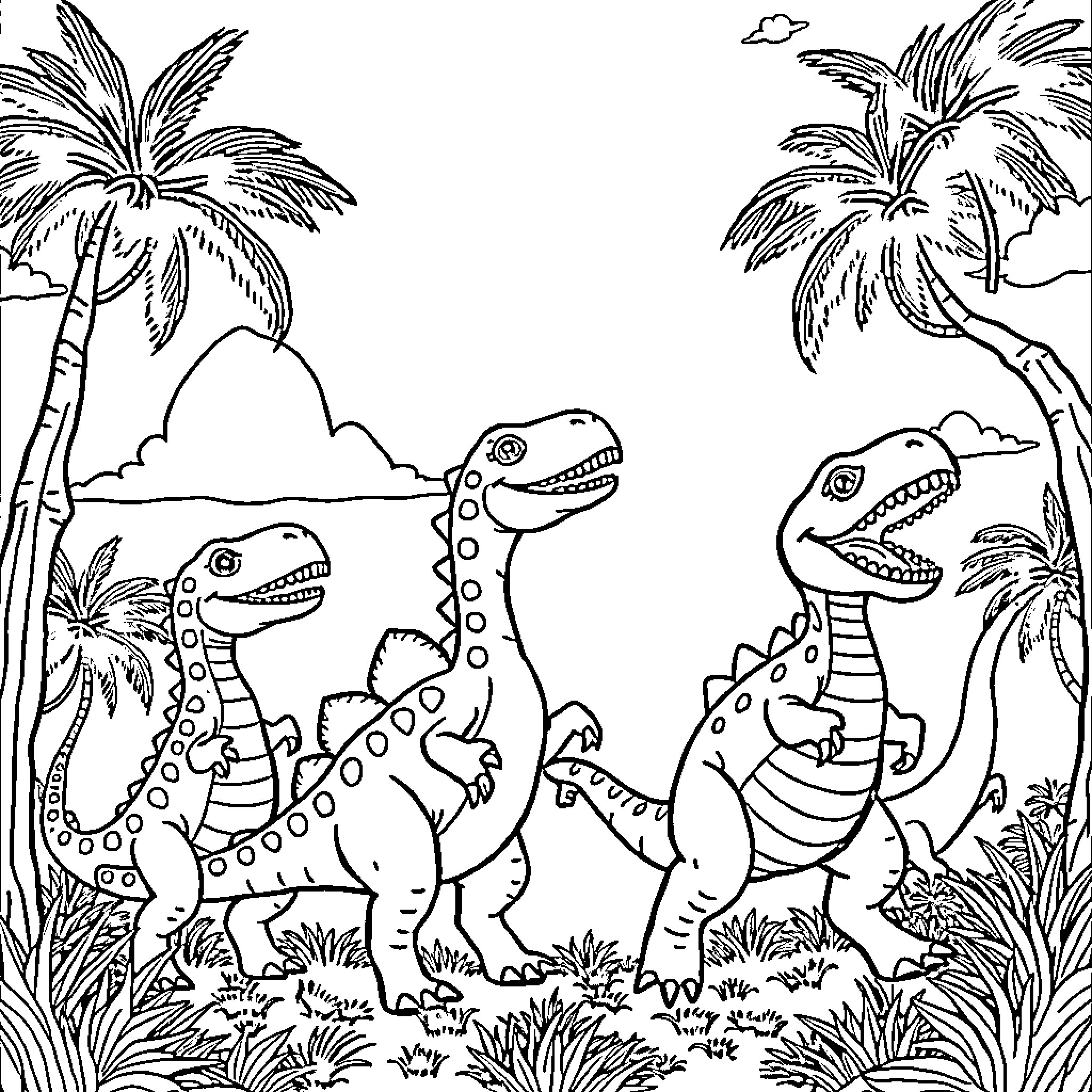 Dinosaur Family in Tropical Landscape Coloring Page (free black-and-white line drawing printable PDF for all, from beginners to advanced learners, including children, teens, adults, and seniors)