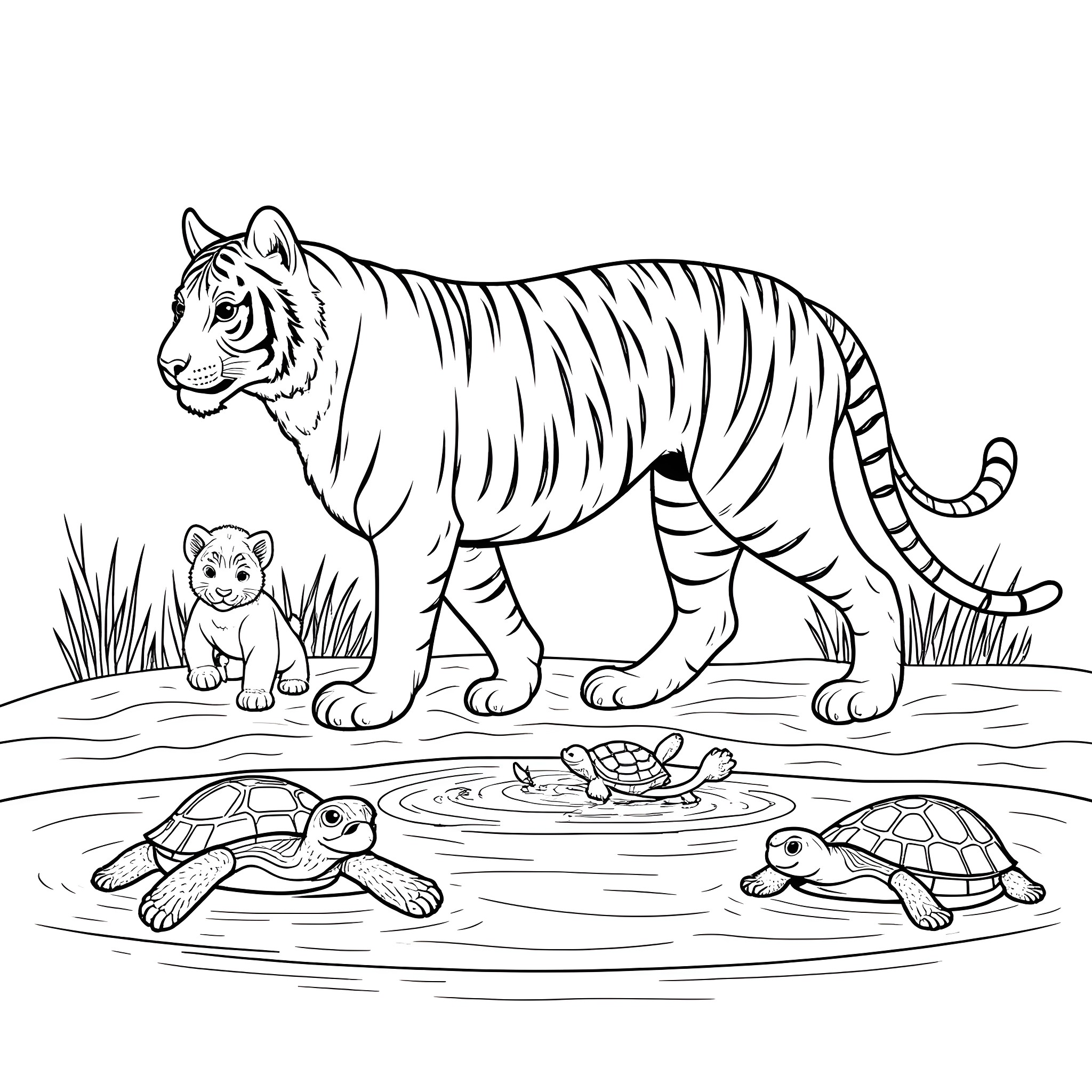 Tiger and her cubs in the wilderness Coloring Page (free black-and-white line drawing printable PDF for all, from beginners to advanced learners, including children, teens, adults, and seniors)