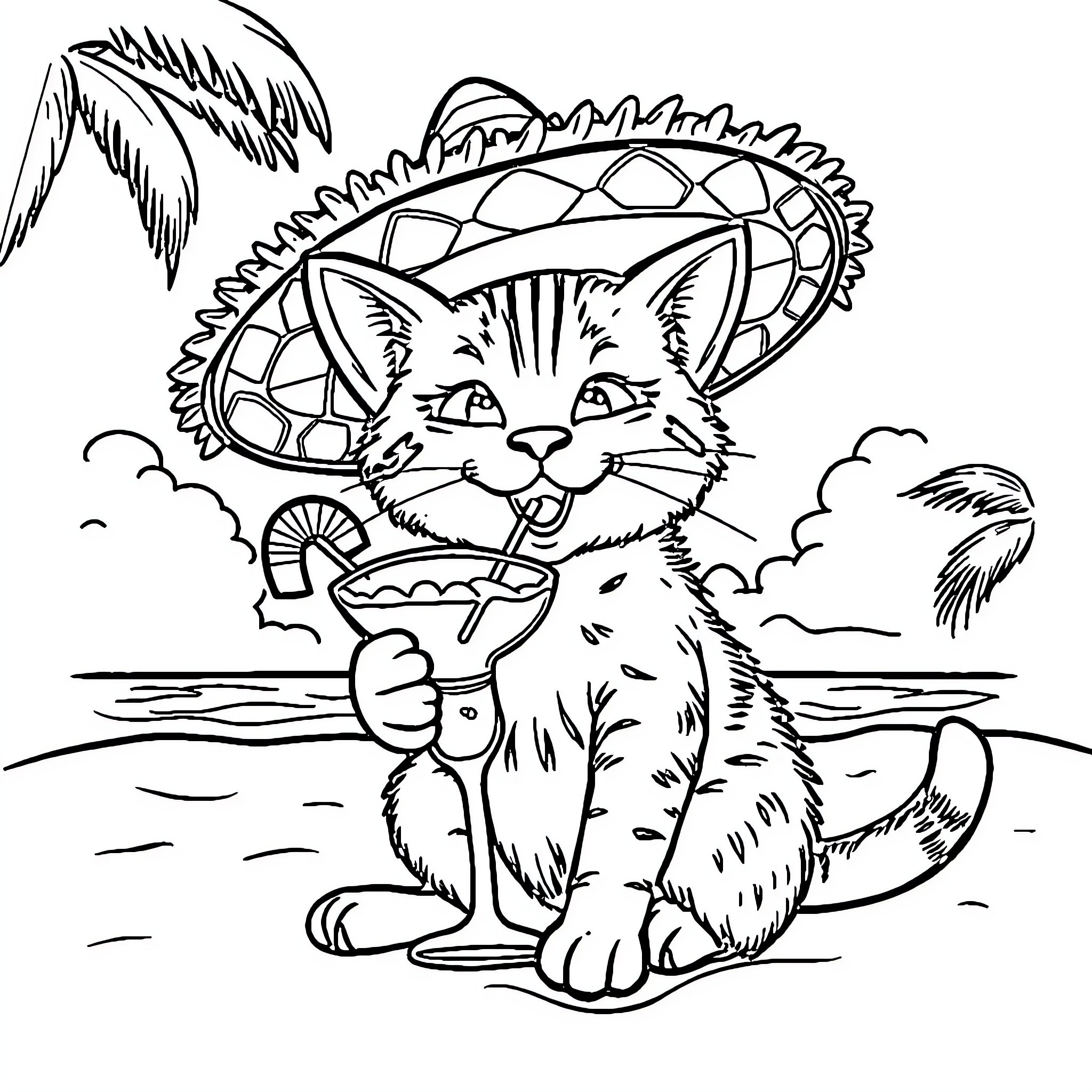 Cat enjoying a tropical drink on the beach Coloring Page (free black-and-white line drawing printable PDF for all, from beginners to advanced learners, including children, teens, adults, and seniors)