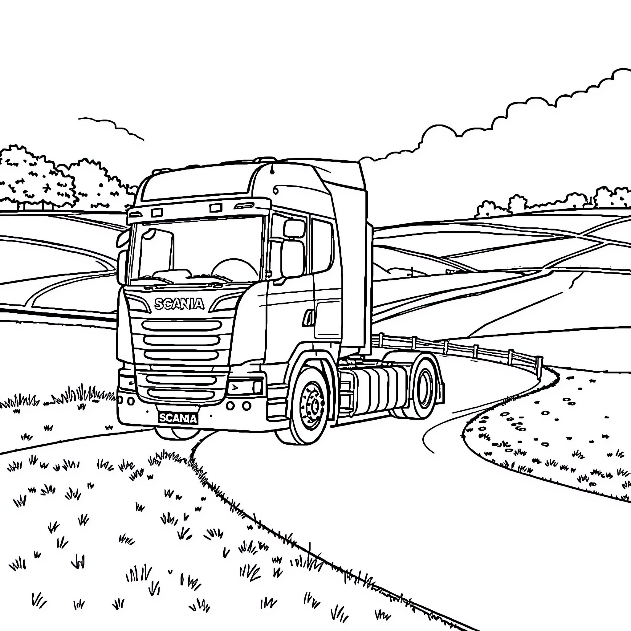 Scania truck driving on a rural road Coloring Page (free black-and-white line drawing printable PDF for all, from beginners to advanced learners, including children, teens, adults, and seniors)