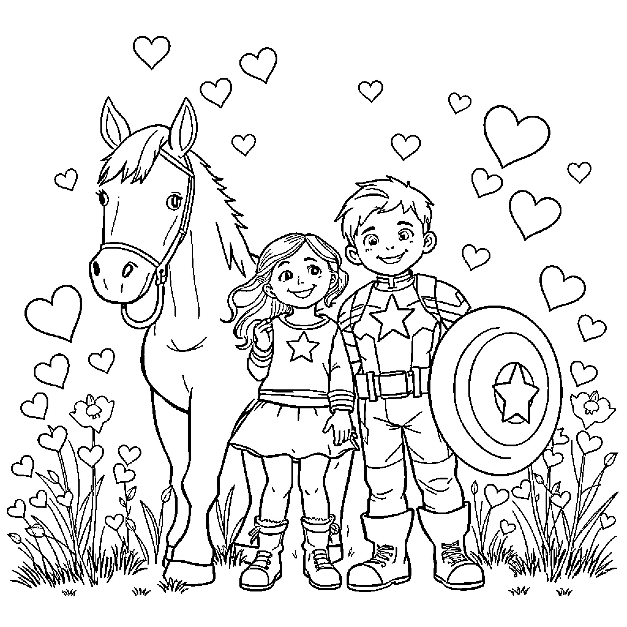 Mother and Child Enjoy Nature's Wonder Coloring Page (free black-and-white line drawing printable PDF for all, from beginners to advanced learners, including children, teens, adults, and seniors)