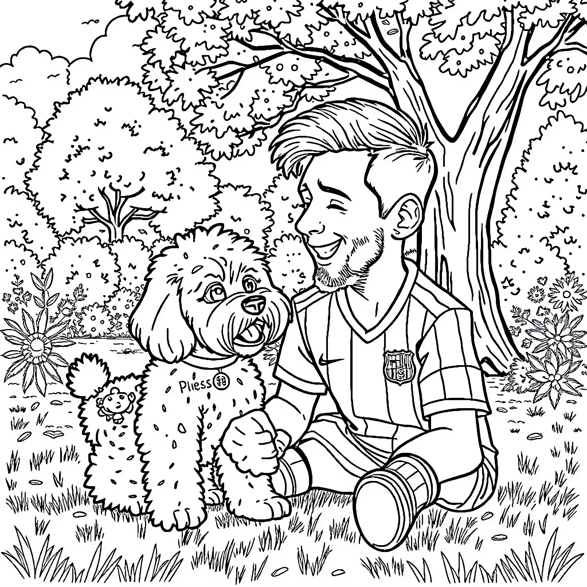 Messi playing with his loyal companion in the park Coloring Page (free black-and-white line drawing printable PDF for all, from beginners to advanced learners, including children, teens, adults, and seniors)