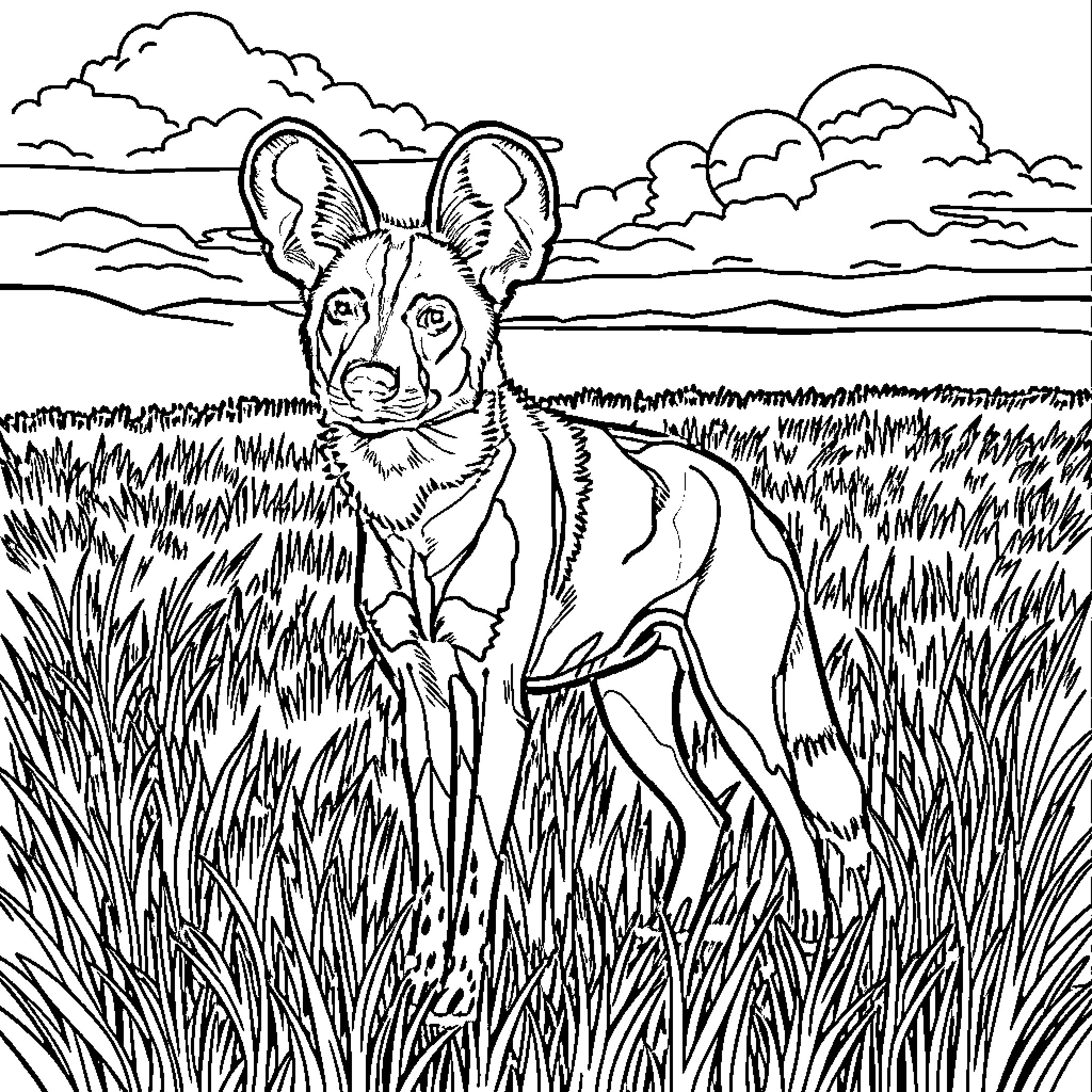 African Wild Dog in the Savanna Grassland Coloring Page (free black-and-white line drawing printable PDF for all, from beginners to advanced learners, including children, teens, adults, and seniors)