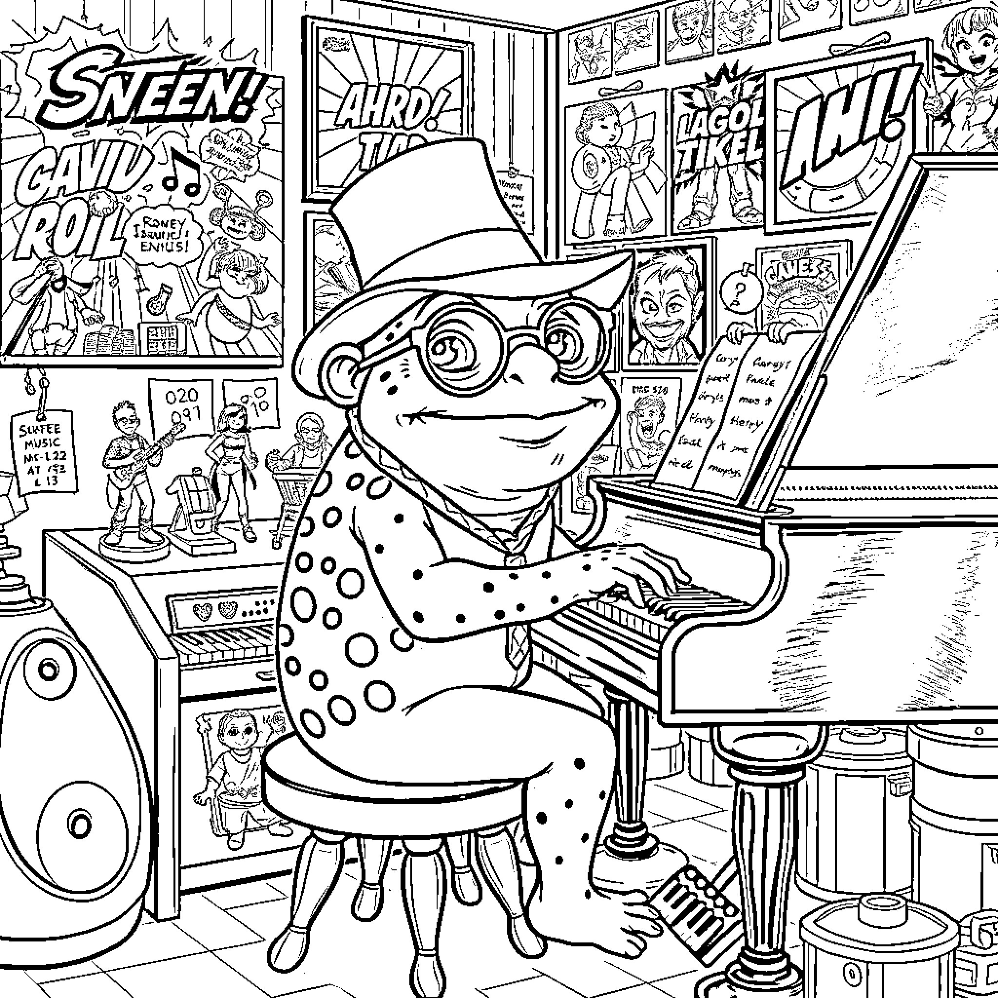 Toad's Snazzy Arcade Adventure Coloring Page (free black-and-white line drawing printable PDF for all, from beginners to advanced learners, including children, teens, adults, and seniors)
