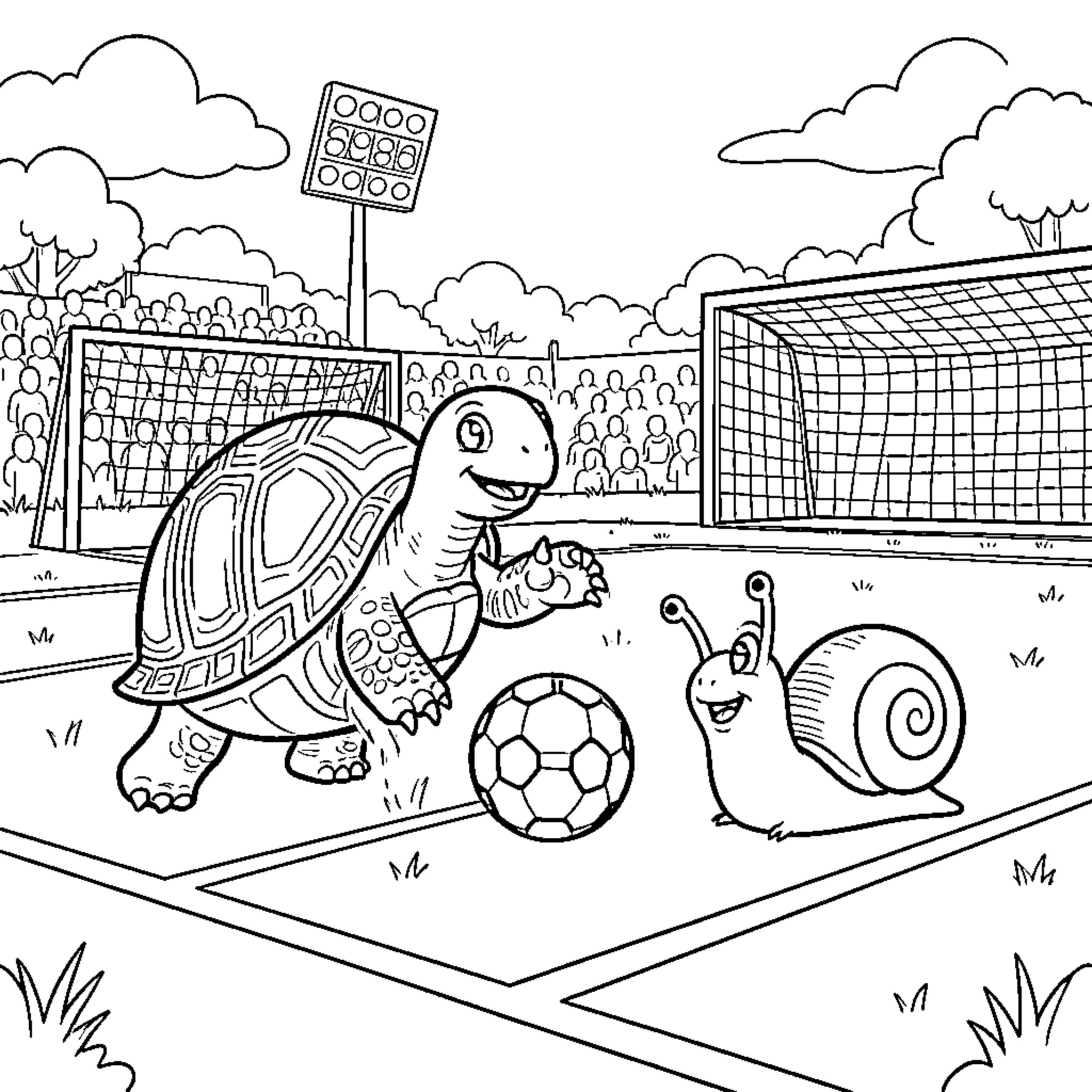 Turtle playing soccer with a snail in a stadium Coloring Page (free black-and-white line drawing printable PDF for all, from beginners to advanced learners, including children, teens, adults, and seniors)