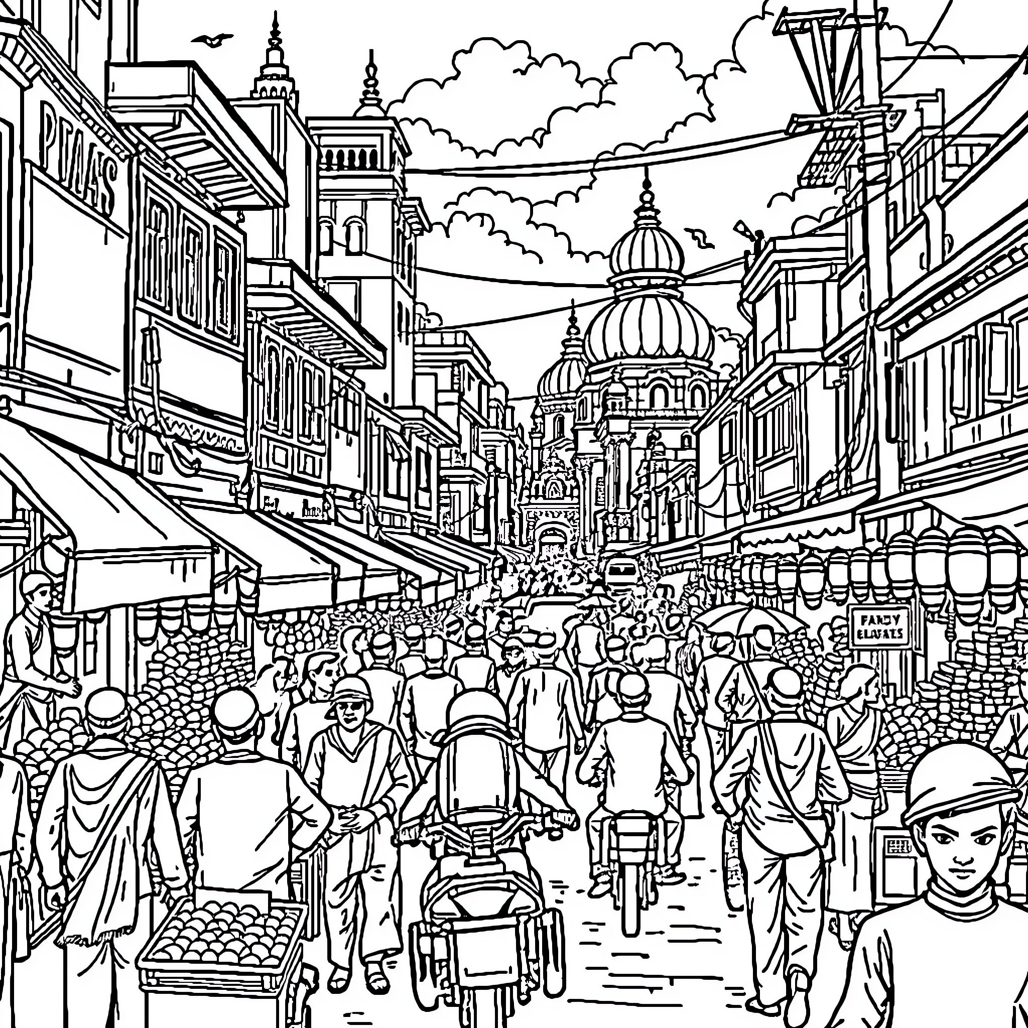 City bustling with crowded streets and diverse activities Coloring Page (free black-and-white line drawing printable PDF for all, from beginners to advanced learners, including children, teens, adults, and seniors)