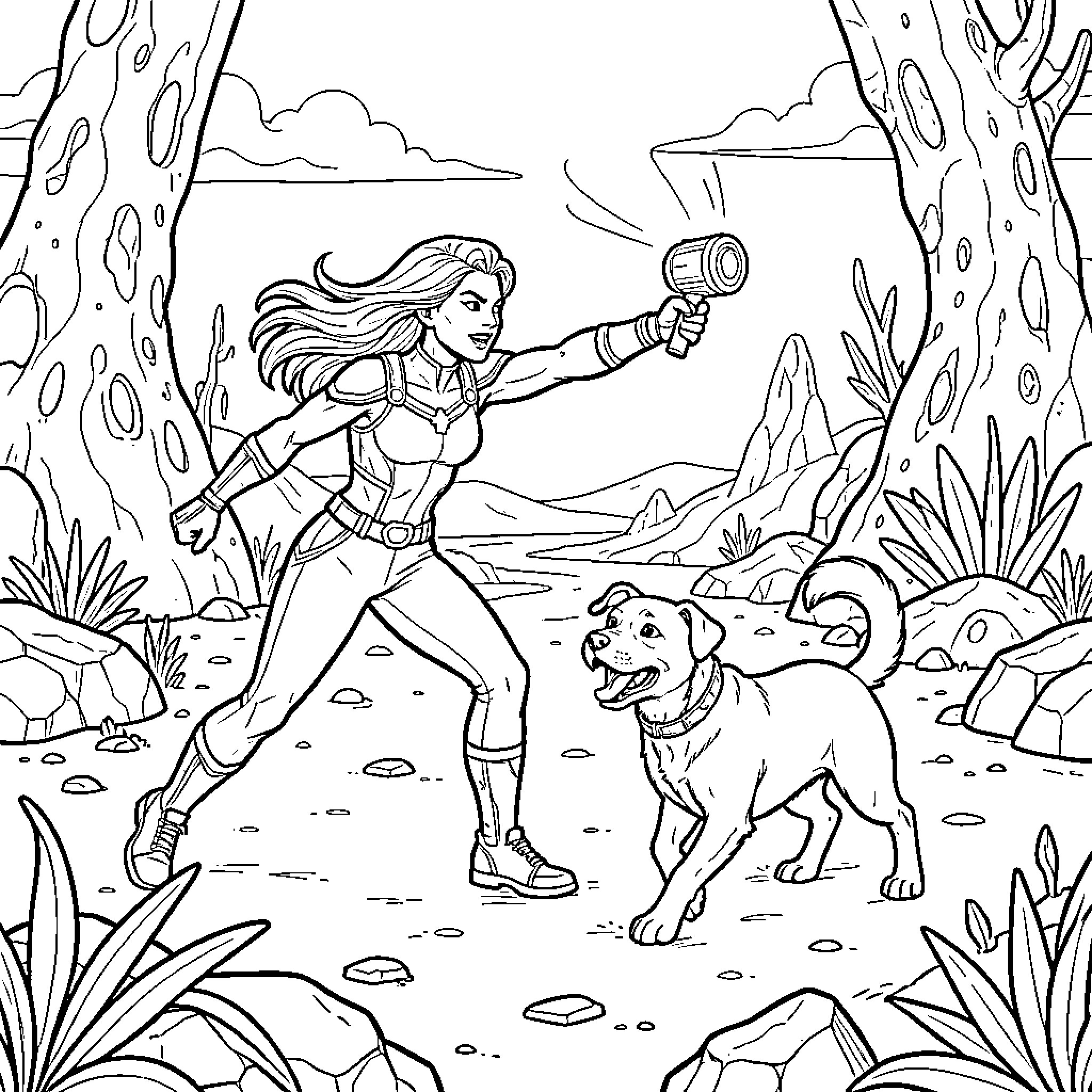 Ms Marvel fighting alongside a dog in a landscape Coloring Page (free black-and-white line drawing printable PDF for all, from beginners to advanced learners, including children, teens, adults, and seniors)