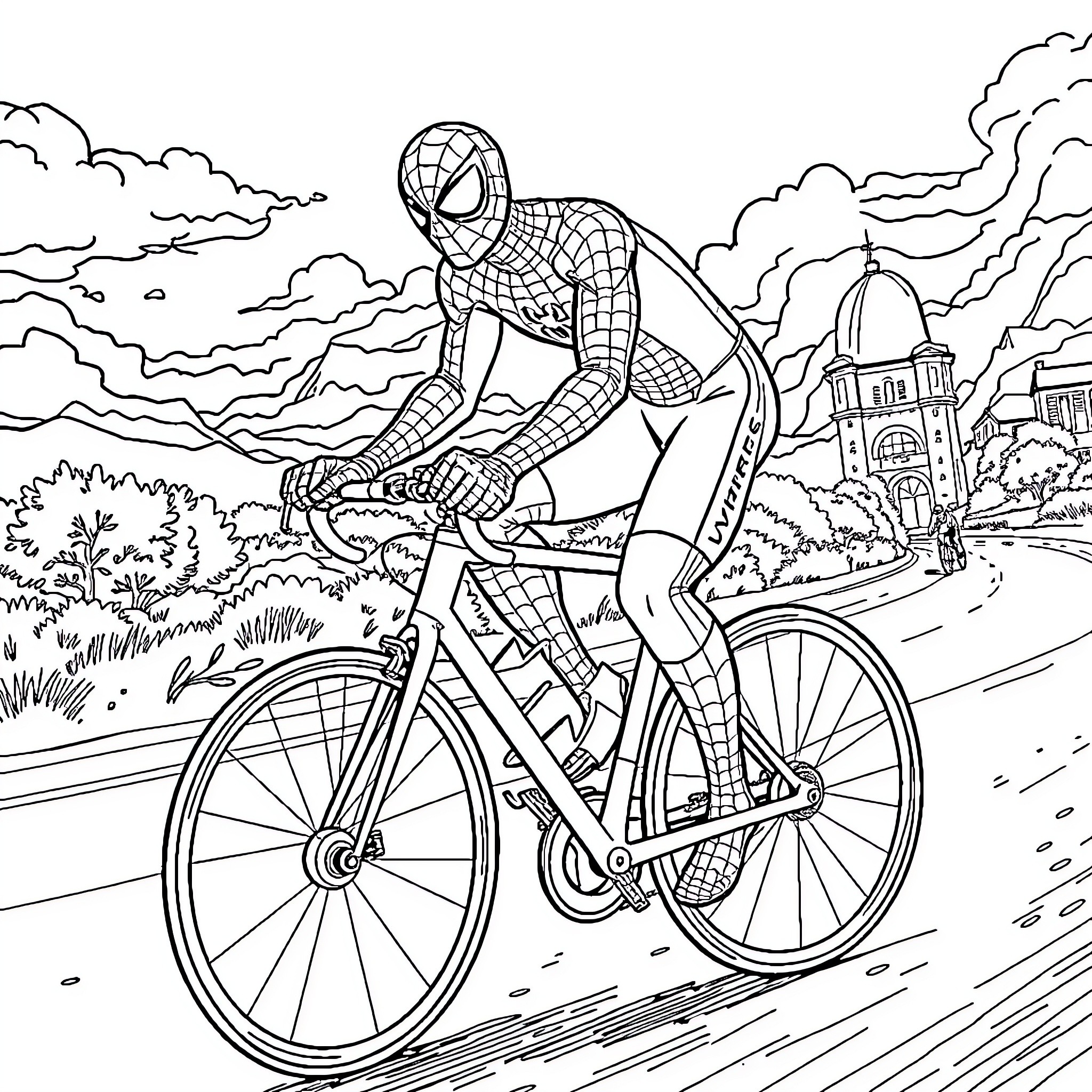 Spiderman cycling through an urban landscape Coloring Page (free black-and-white line drawing printable PDF for all, from beginners to advanced learners, including children, teens, adults, and seniors)