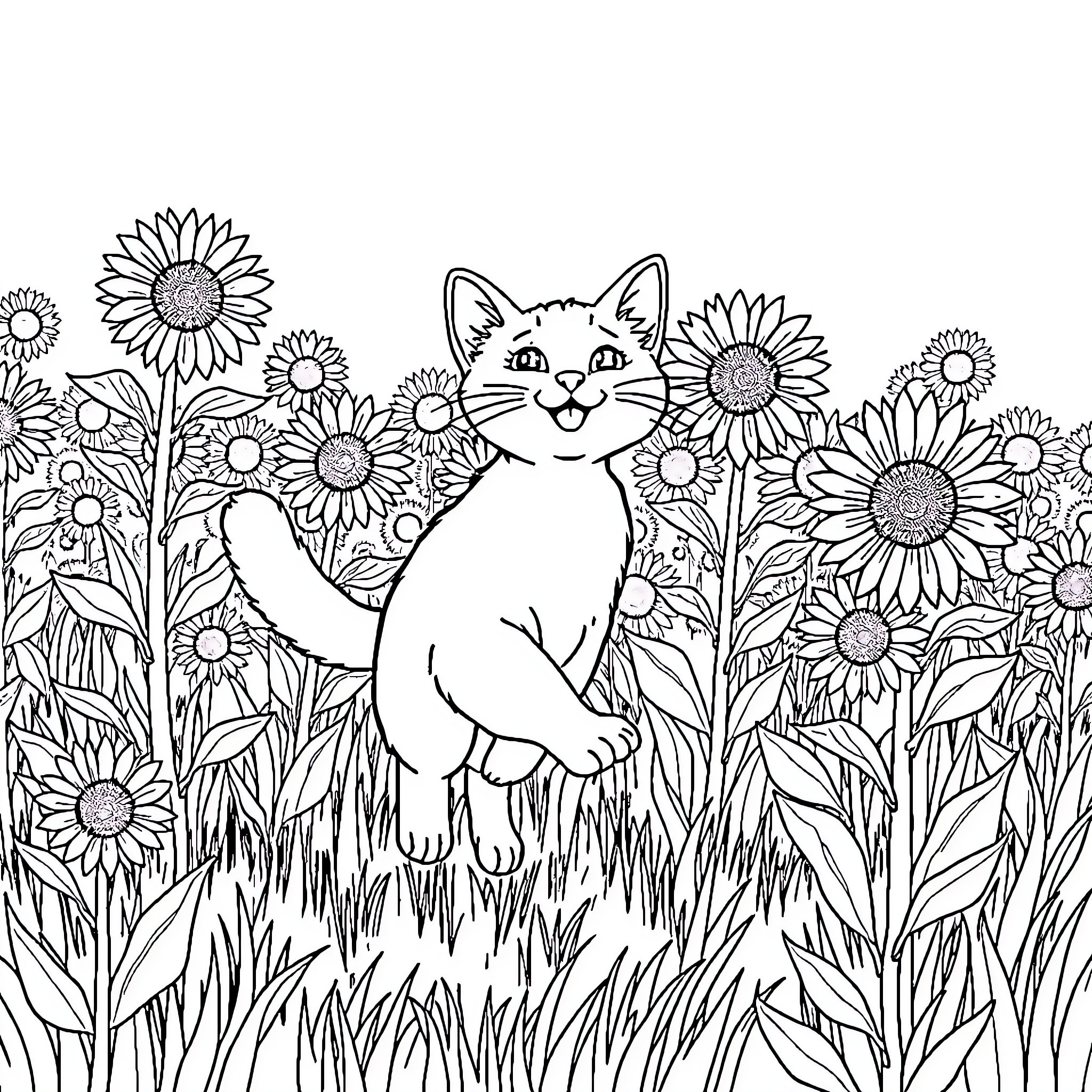 Cat hidden among sunflowers in a field Coloring Page (free black-and-white line drawing printable PDF for all, from beginners to advanced learners, including children, teens, adults, and seniors)
