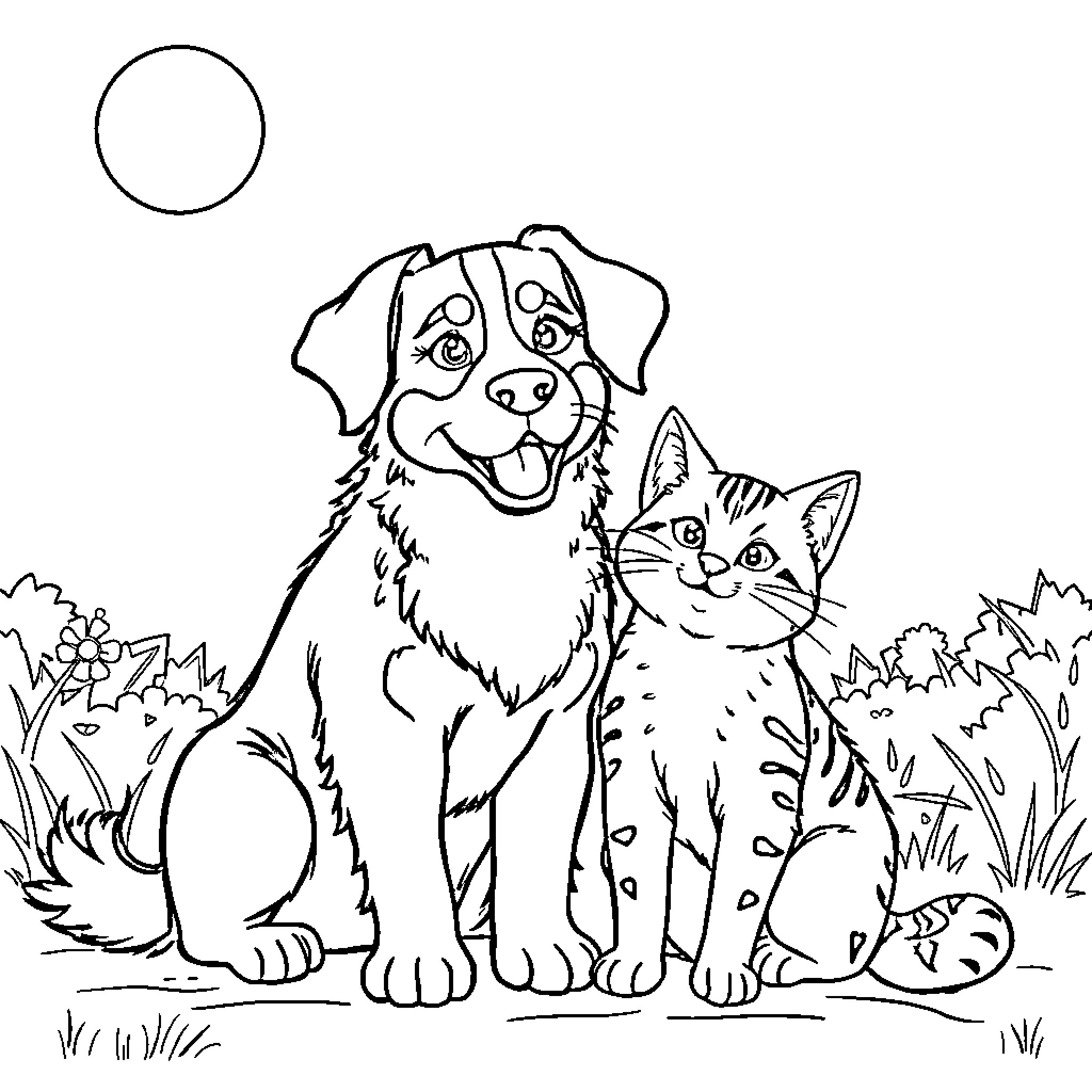 Dog and cat playing in the park Coloring Page (free black-and-white line drawing printable PDF for all, from beginners to advanced learners, including children, teens, adults, and seniors)