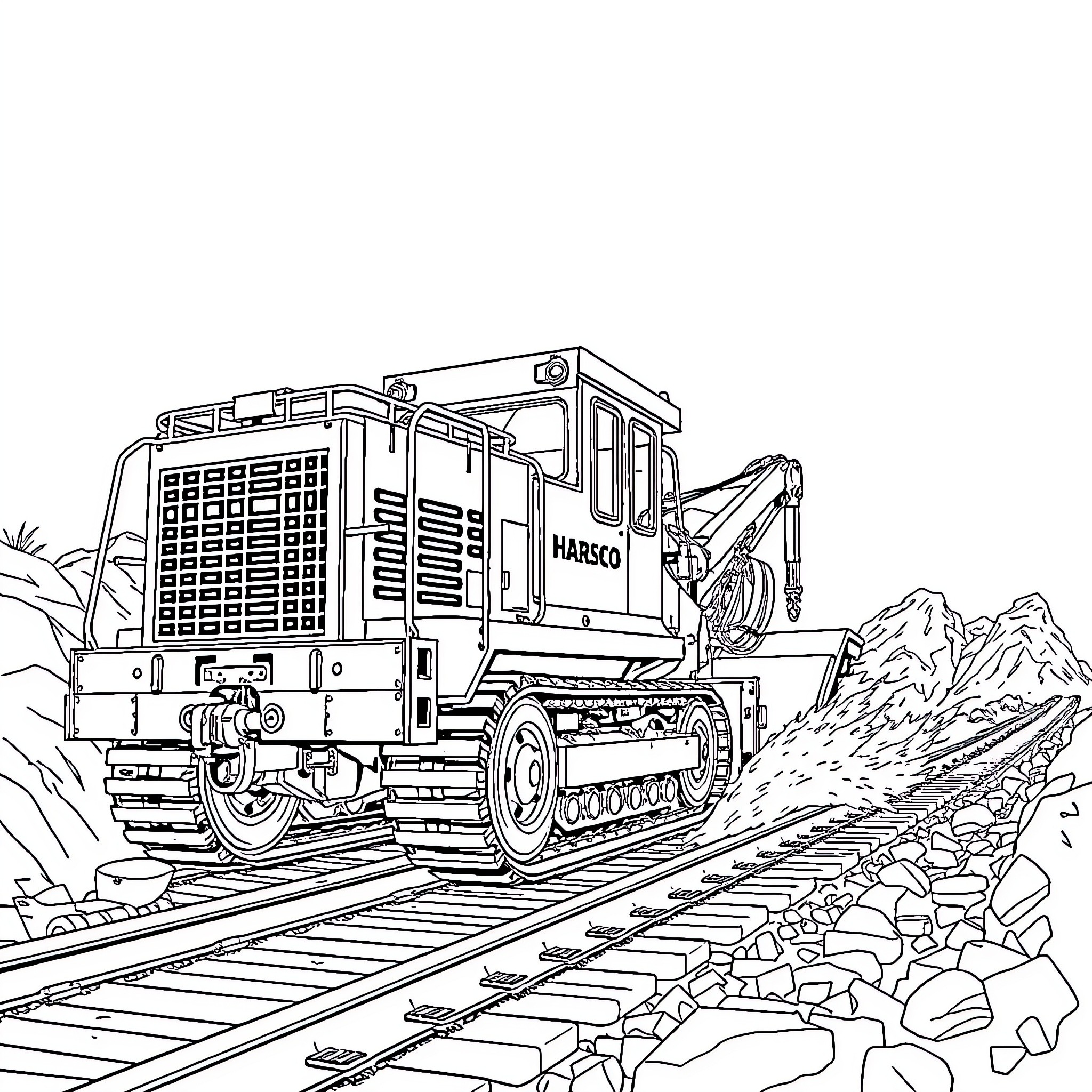 Stoneblower clearing tracks through rugged terrain Coloring Page (free black-and-white line drawing printable PDF for all, from beginners to advanced learners, including children, teens, adults, and seniors)