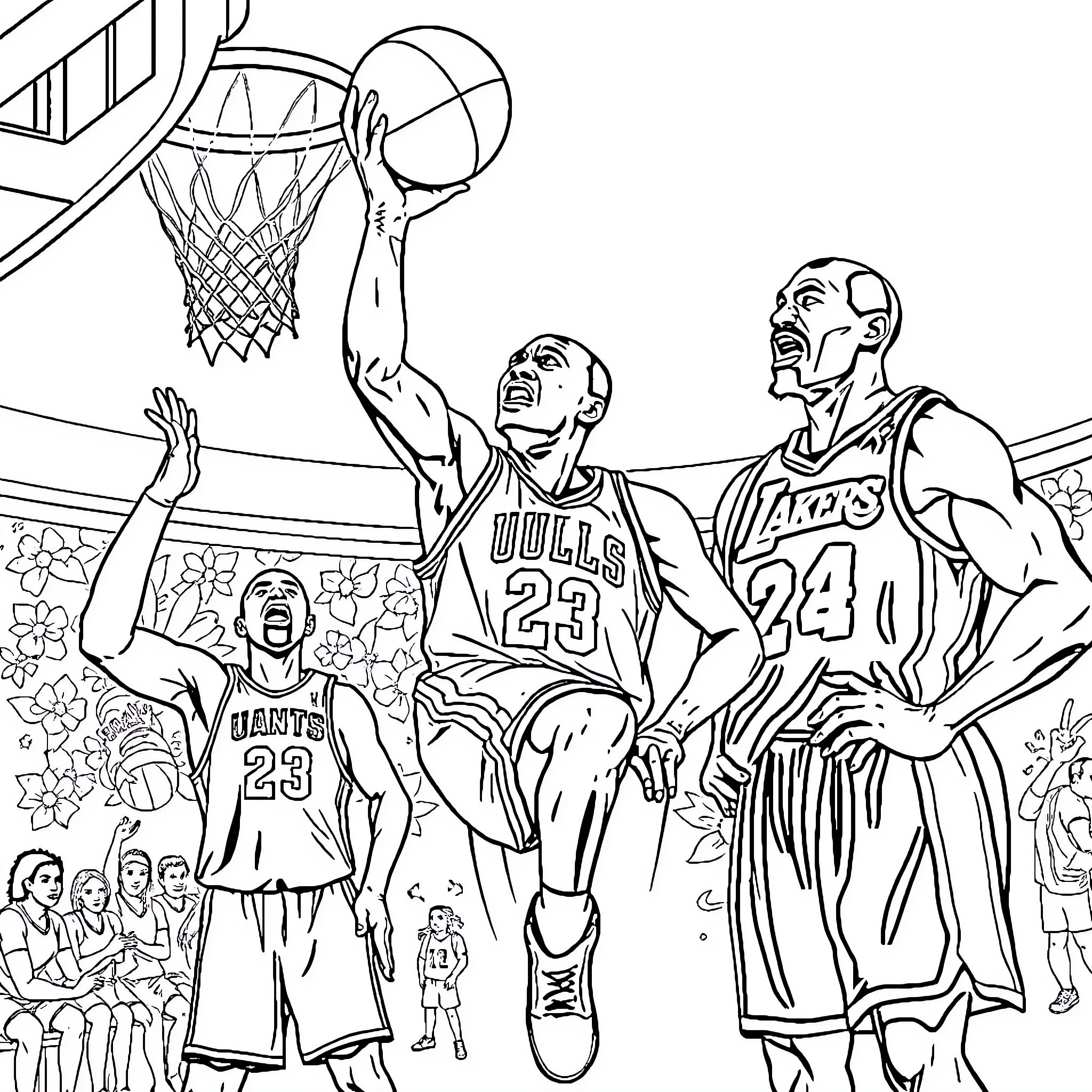 Jordan's Basketball Game Celebration Coloring Page (free black-and-white line drawing printable PDF for all, from beginners to advanced learners, including children, teens, adults, and seniors)