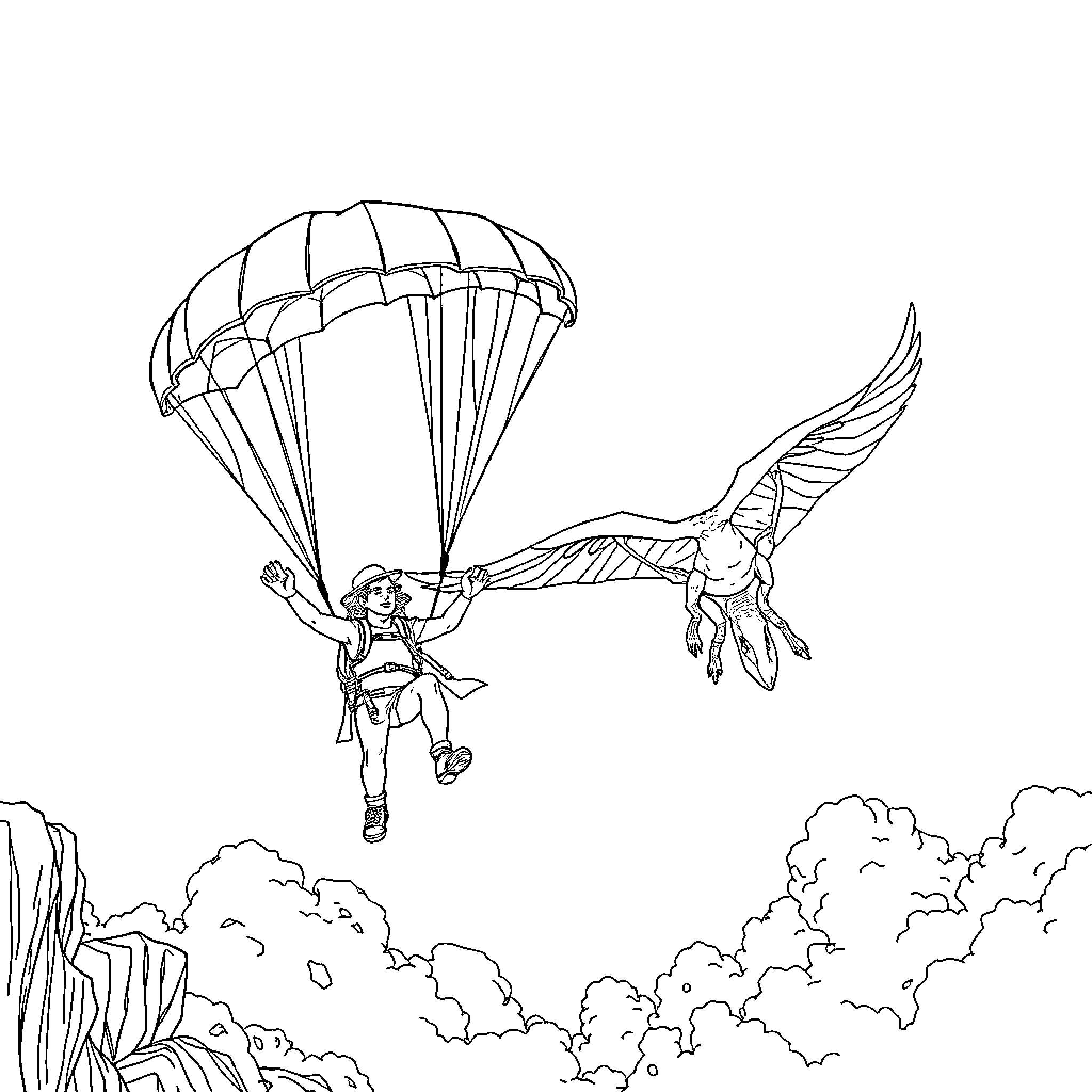 Thucydides Engaging in Aerial Acrobatics over Rugged Terrain Coloring Page (free black-and-white line drawing printable PDF for all, from beginners to advanced learners, including children, teens, adults, and seniors)