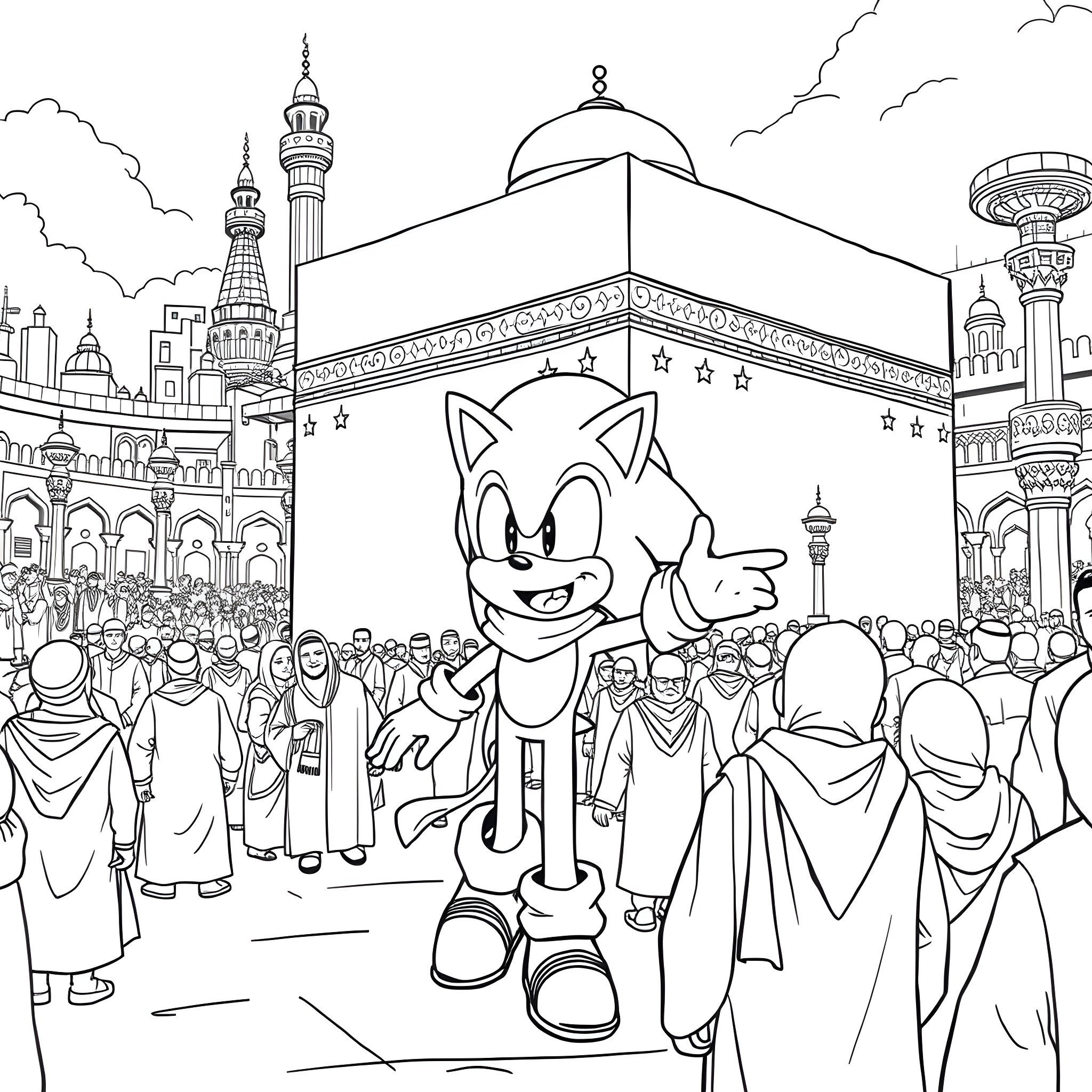 Sonic exploring vibrant city with iconic buildings Coloring Page (free black-and-white line drawing printable PDF for all, from beginners to advanced learners, including children, teens, adults, and seniors)