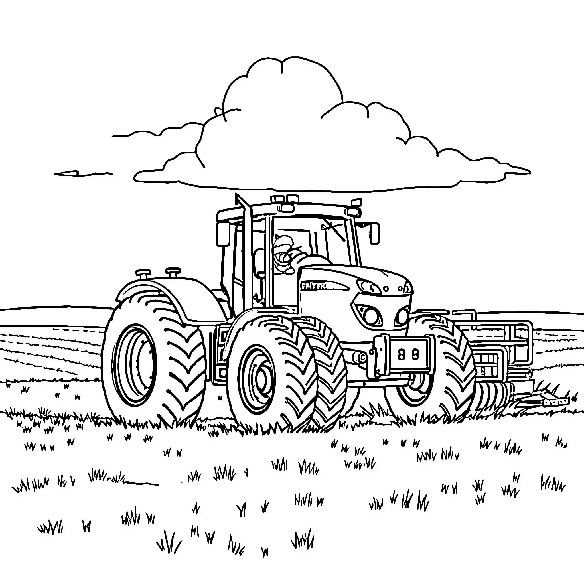 Tractor plowing through the field on a cloudy day Coloring Page (free black-and-white line drawing printable PDF for all, from beginners to advanced learners, including children, teens, adults, and seniors)